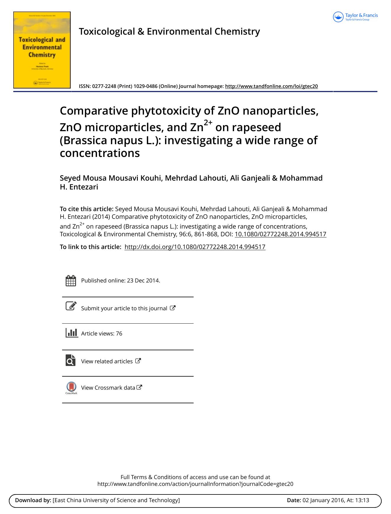Comparative phytotoxicity of ZnO nanoparticles, ZnO microparticles, and Zn on rapeseed \(Brassica napus L.\): investigating a wide range of concentrations by Seyed Mousa Mousavi Kouhi