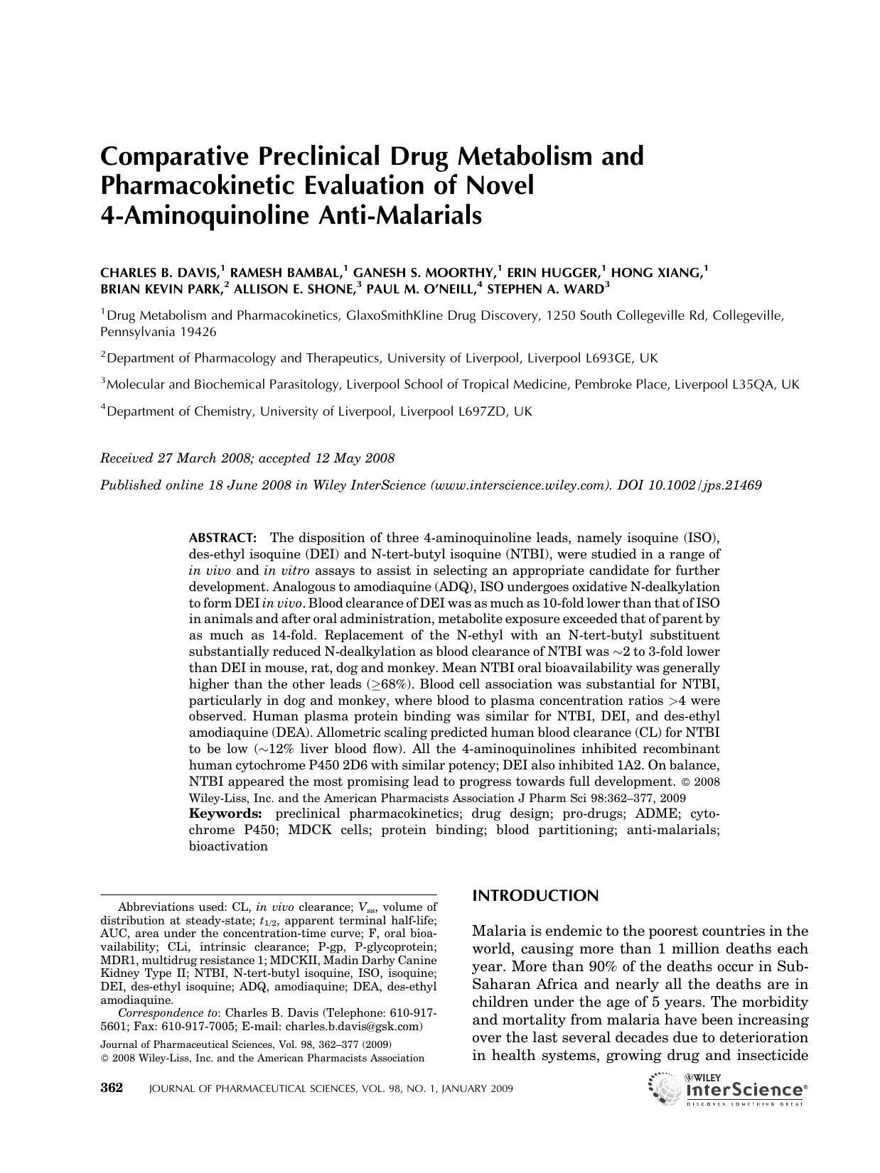 Comparative preclinical drug metabolism and pharmacokinetic evaluation of novel 4-aminoquinoline anti-malarials by Unknown