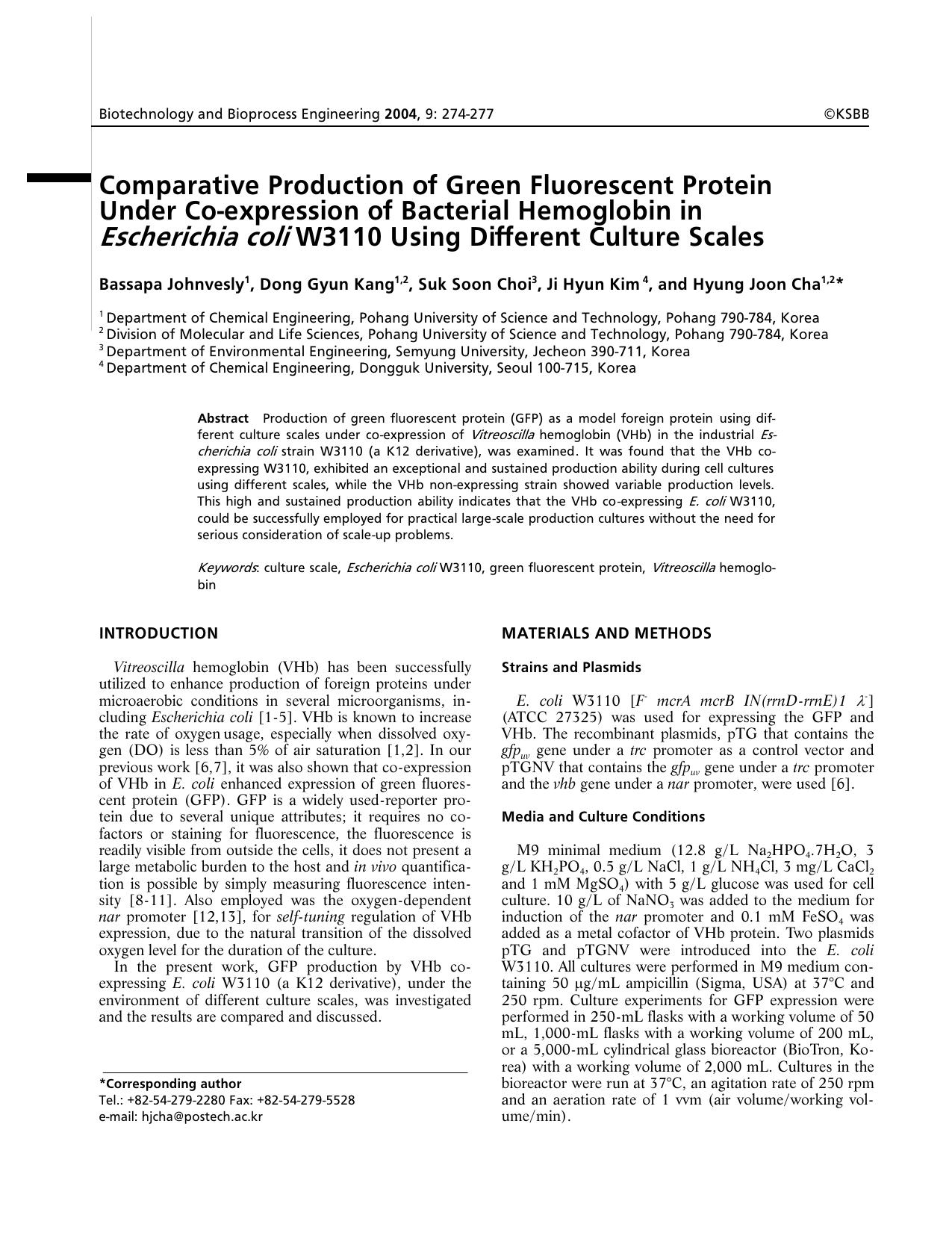 Comparative production of green fluorescent protein under co-expression of bacterial hemoglobin in <Emphasis Type="Italic">Escherichia coli <Emphasis> W3110 using different culture scales by Unknown