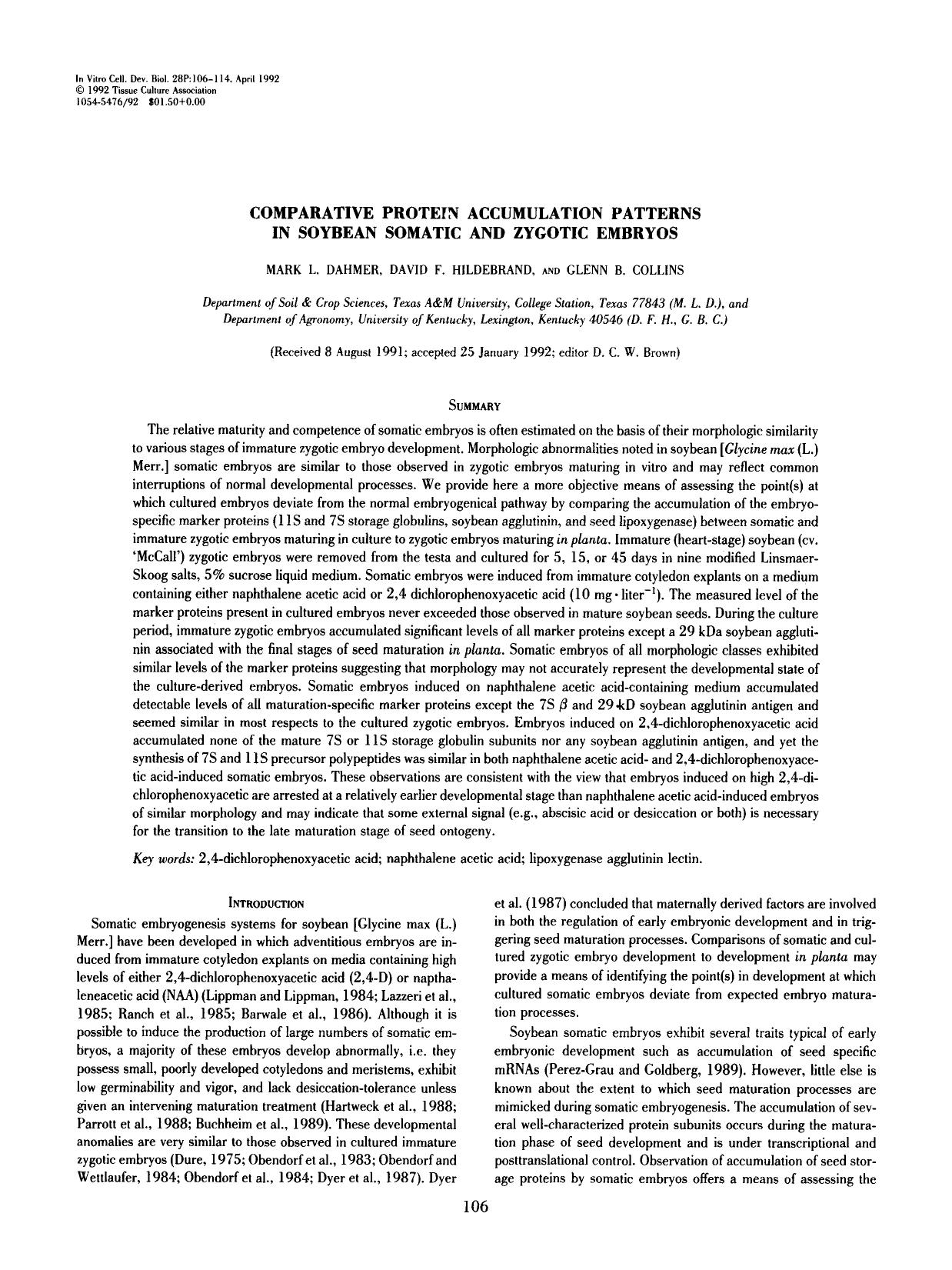 Comparative protein accumulation patterns in soybean somatic and zygotic embryos by Unknown