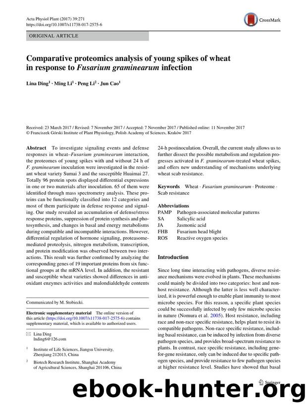 Comparative proteomics analysis of young spikes of wheat in response to Fusarium graminearum infection by Lina Ding & Ming Li & Peng Li & Jun Cao