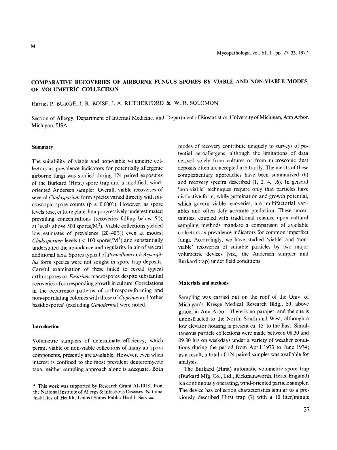 Comparative recoveries of airborne fungus spores by viable and non-viable modes of volumetric collection by Unknown