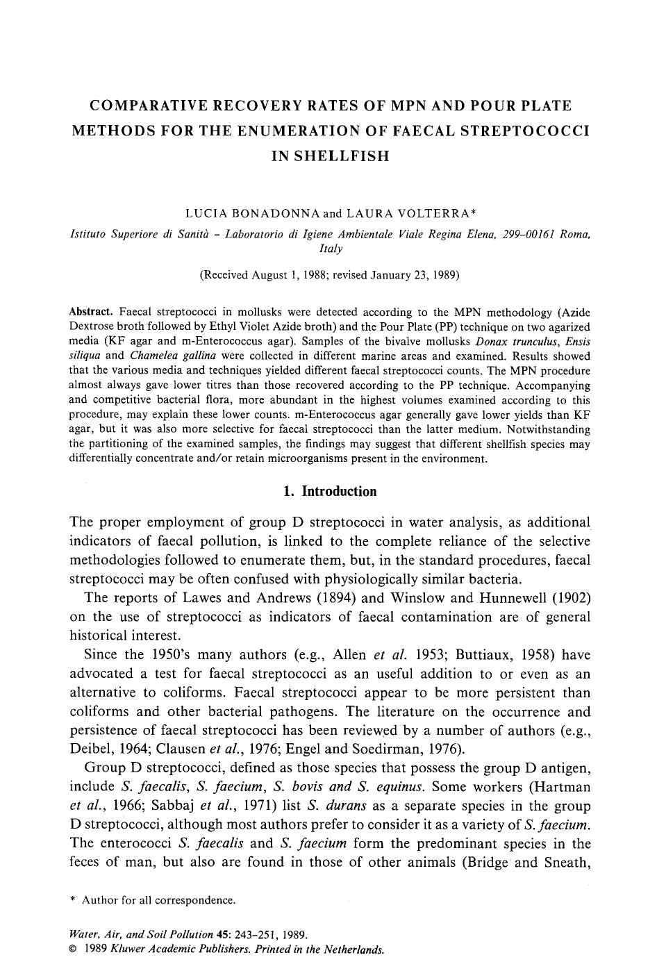 Comparative recovery rates of MPN and Pour Plate methods for the enumeration of faecal streptococci in shellfish by Unknown