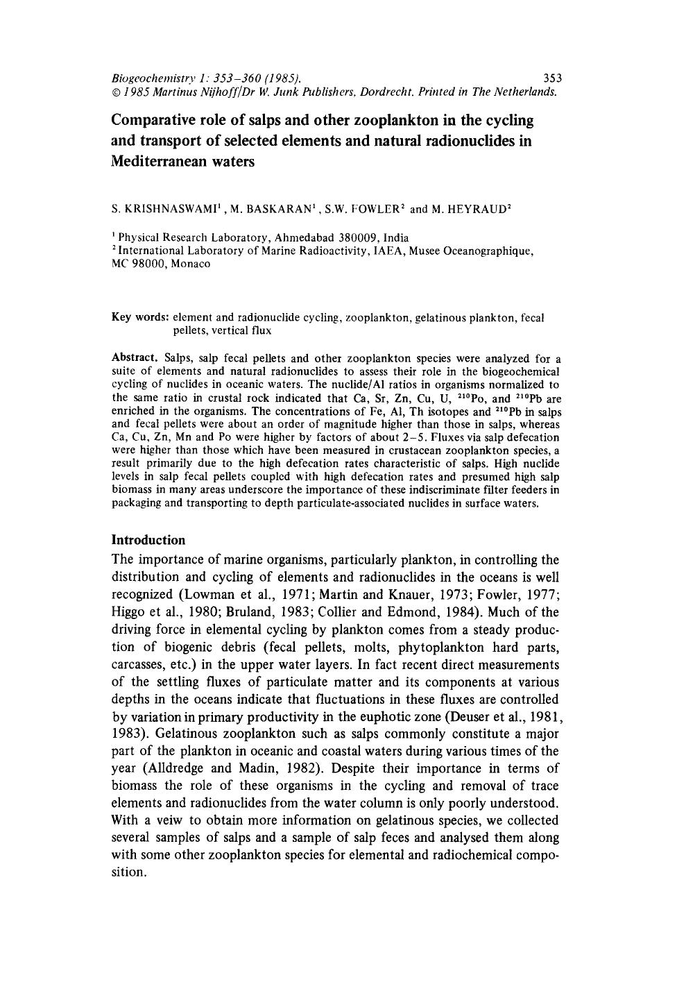 Comparative role of salps and other zooplankton in the cycling and transport of selected elements and natural radionuclides in Mediterranean waters by Unknown