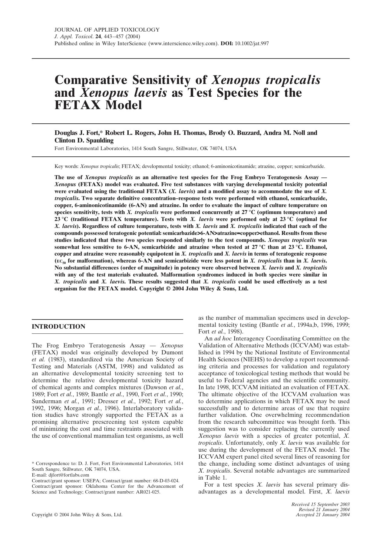 Comparative sensitivity of Xenopus tropicalis and Xenopus laevis as test species for the FETAX model by Fuht
