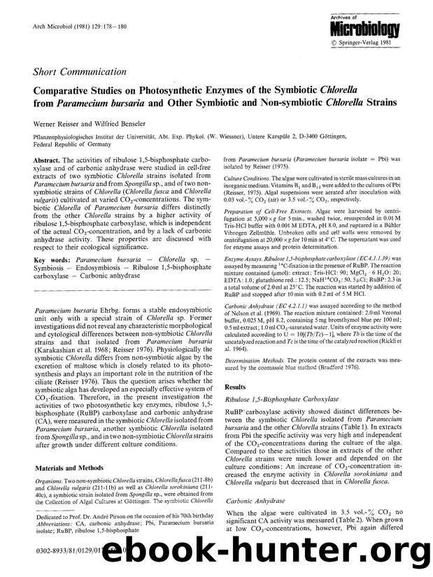 Comparative studies on photosynthetic enzymes of the symbiotic <Emphasis Type="Italic">Chlorella<Emphasis> from <Emphasis Type="Italic">Paramecium bursaria<Emphasis> and other symb by Unknown