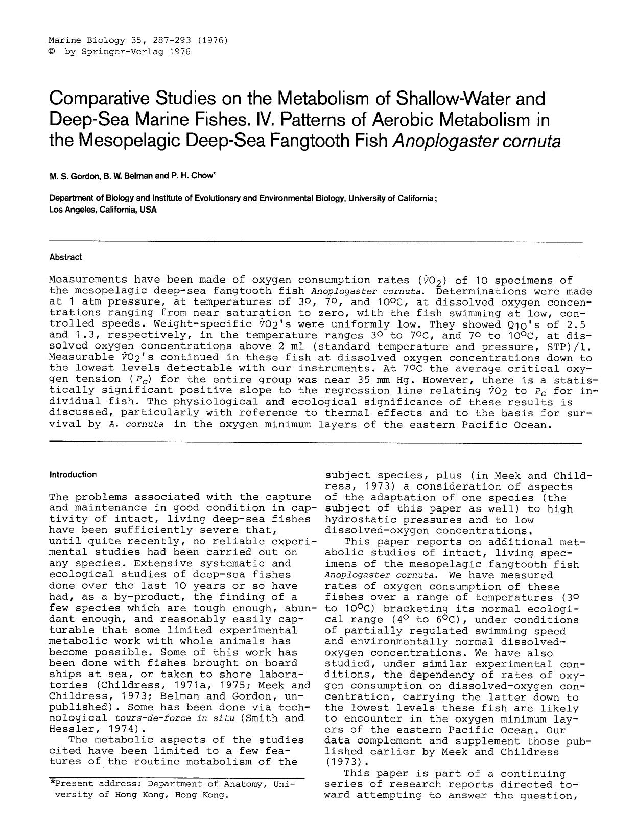 Comparative studies on the metabolism of shallow-water and deep-sea marine fishes. IV. Patterns of aerobic metabolism in the mesopelagic deep-sea fangtooth fish <Emphasis Type="Ita by Unknown