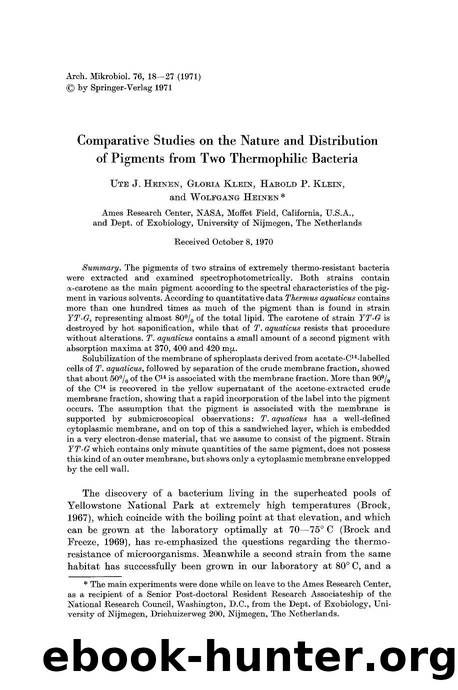 Comparative studies on the nature and distribution of pigments from two thermophilic bacteria by Unknown