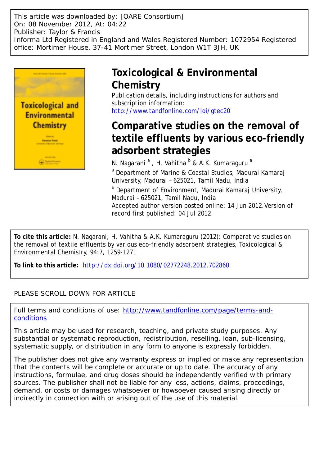 Comparative studies on the removal of textile effluents by various eco-friendly adsorbent strategies by N. Nagarani H. Vahitha & A.K. Kumaraguru