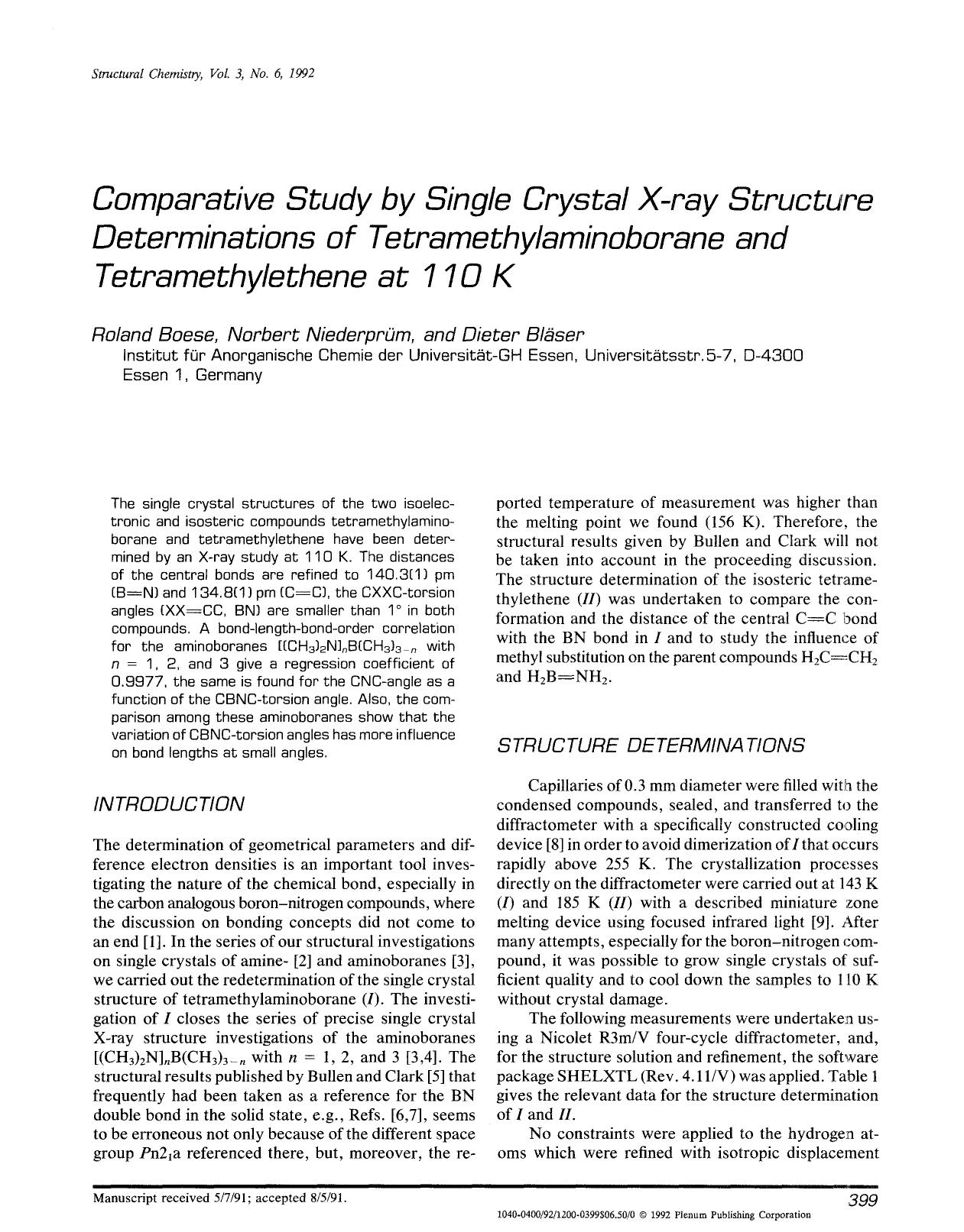 Comparative study by single crystal X-ray structure determinations of tetramethylaminoborane and tetramethylethene at 110 K by Unknown