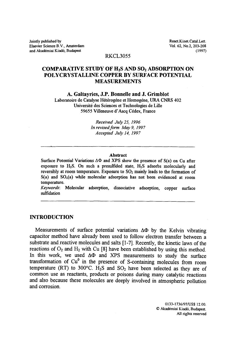 Comparative study of H <Subscript>2 <Subscript>S and SO <Subscript>2 <Subscript> adsorption on polycrystalline copper by surface potential measurements by Unknown