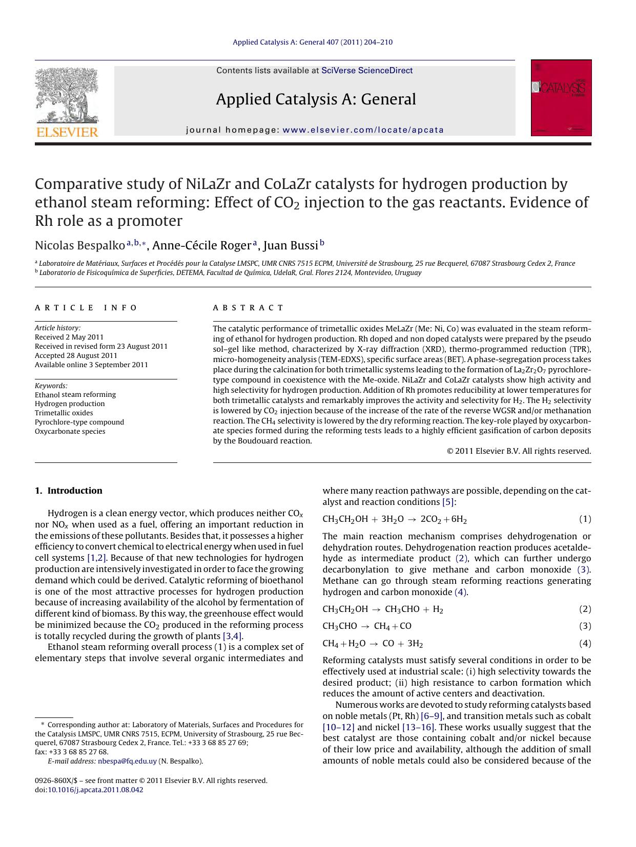 Comparative study of NiLaZr and CoLaZr catalysts for hydrogen production by ethanol steam reforming: Effect of CO2 injection to the gas reactants. Evidence of Rh role as a promoter by Nicolas Bespalko & Anne-Cécile Roger & Juan Bussi