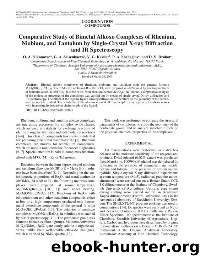 Comparative study of bimetal alkoxo complexes of rhenium, niobium, and tantalum by single-crystal x-ray diffraction and IR spectroscopy by Unknown