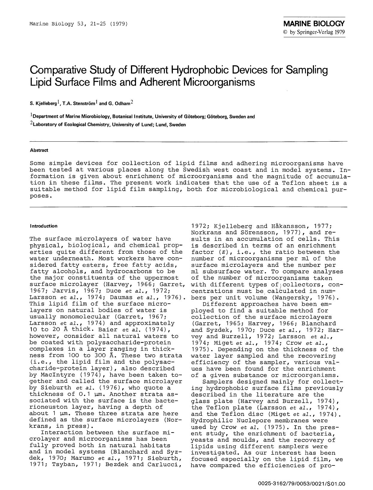 Comparative study of different hydrophobic devices for sampling lipid surface films and adherent microorganisms by Unknown
