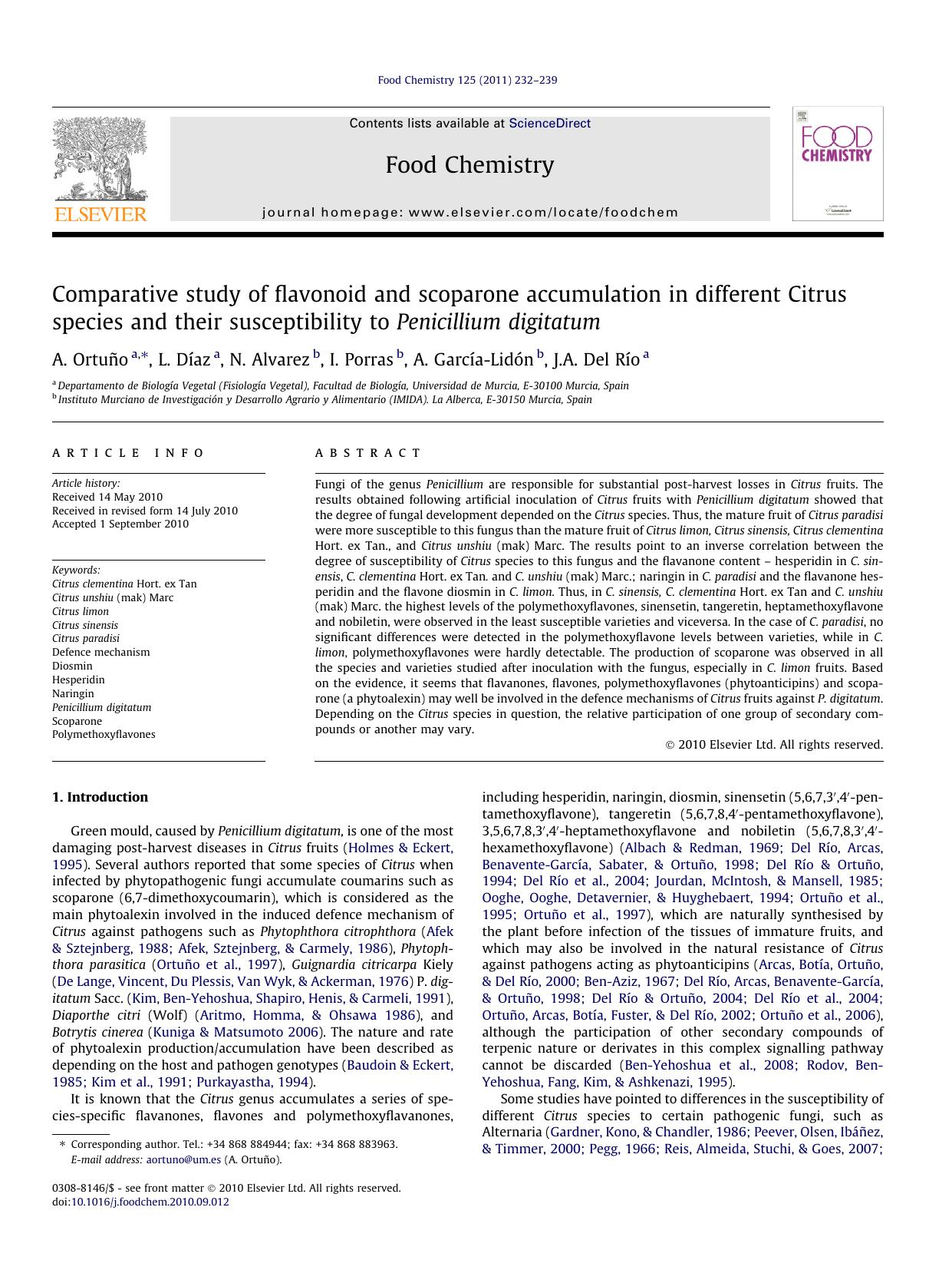 Comparative study of flavonoid and scoparone accumulation in different Citrus species and their susceptibility to Penicillium digitatum by A. OrtuÃ±o & L. Díaz & N. Alvarez & I. Porras & A. García-Lidón & J.A. Del Río