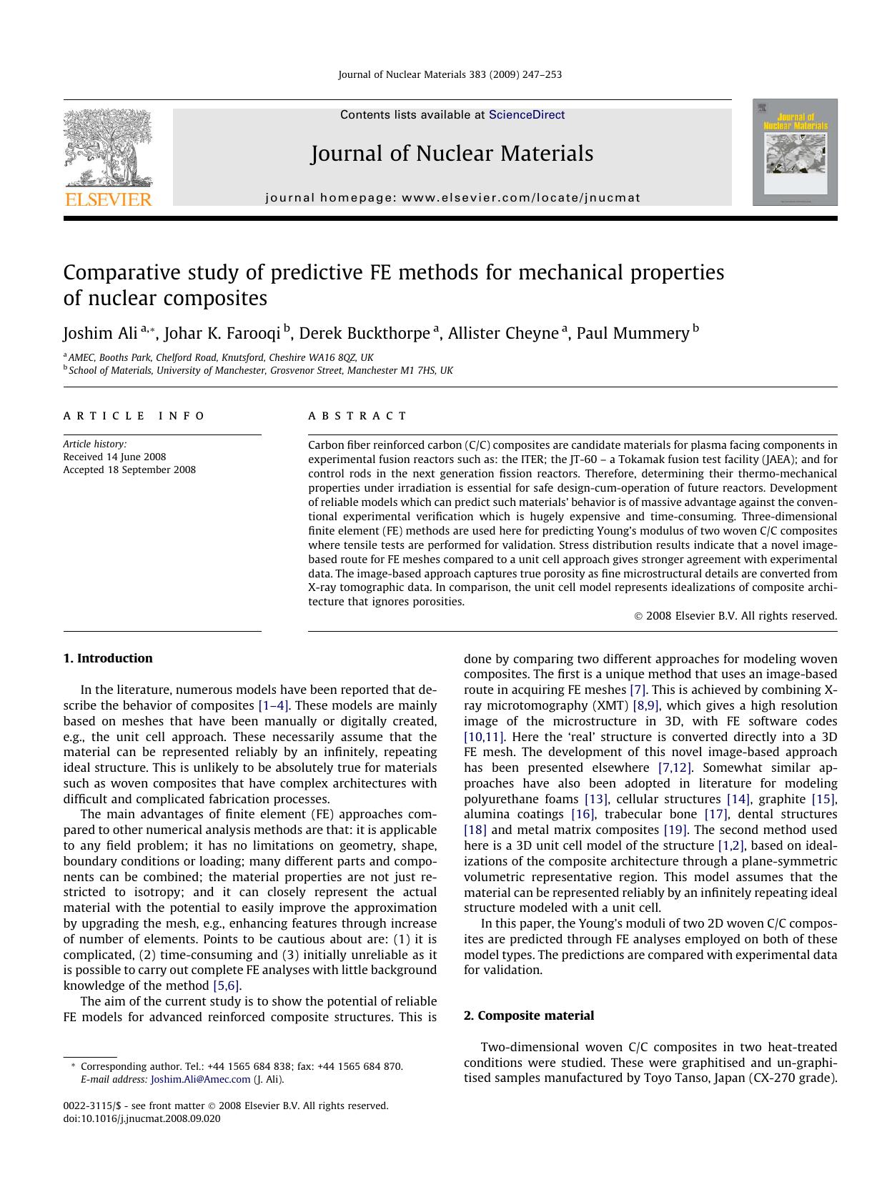 Comparative study of predictive FE methods for mechanical properties of nuclear composites by Joshim Ali; Johar K. Farooqi; Derek Buckthorpe; Allister Cheyne; Paul Mummery