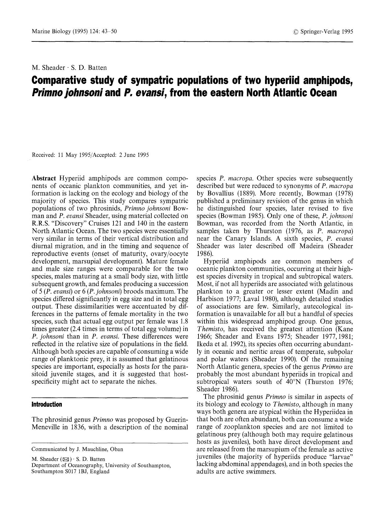 Comparative study of sympatric populations of two hyperiid amphipods, <Emphasis Type="Italic">Primno johnsoni<Emphasis> and <Emphasis Type="Italic">P. evansi<Emphasis>, from the ea by Unknown