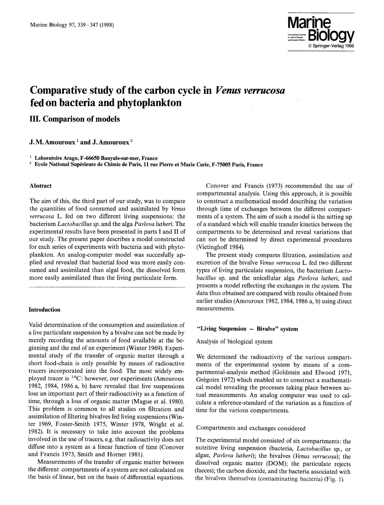 Comparative study of the carbon cycle in <Emphasis Type="Italic">Venus verrucosa<Emphasis> fed on bacteria and phytoplankton by Unknown