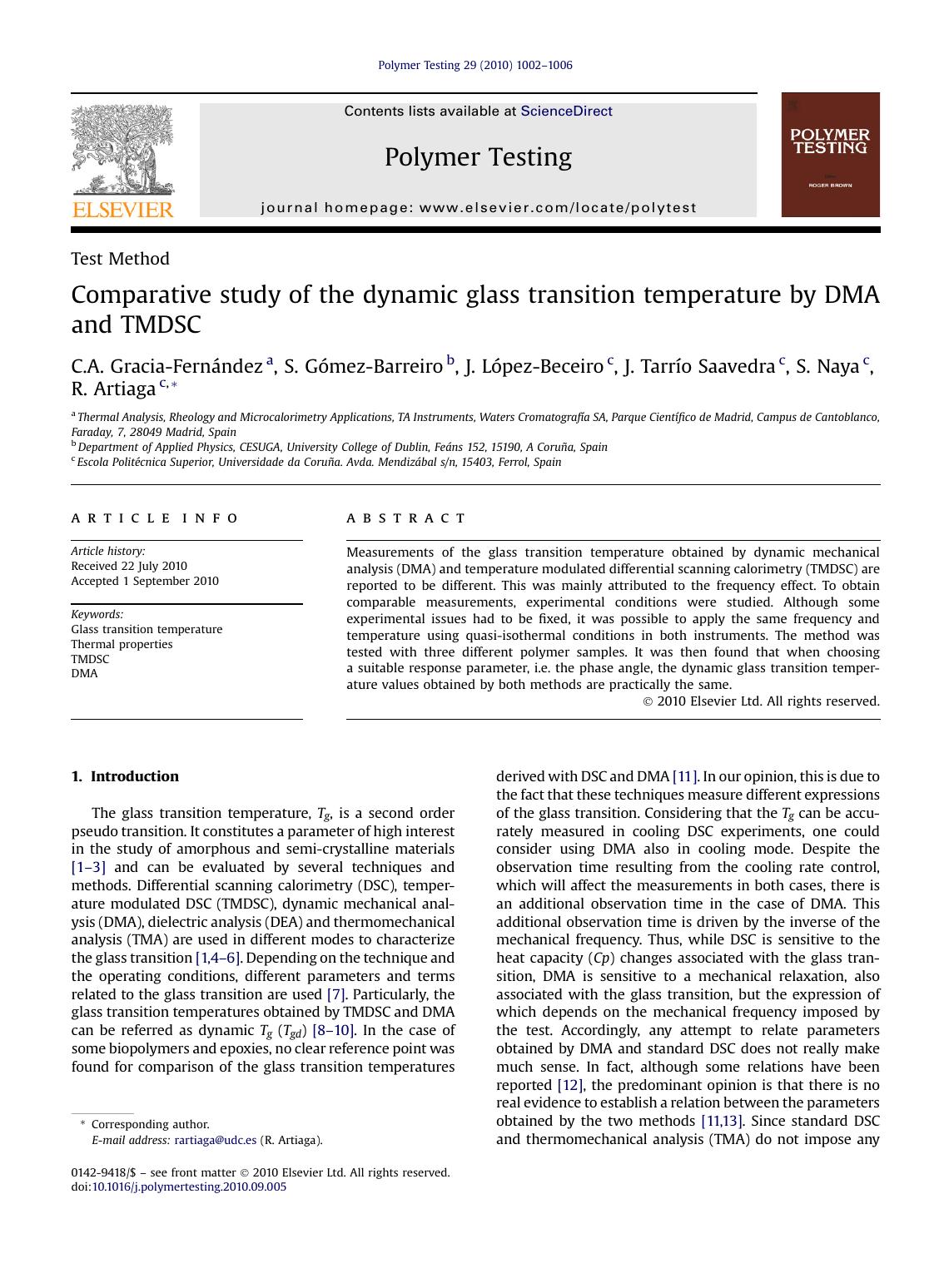 Comparative study of the dynamic glass transition temperature by DMA and TMDSC by unknow