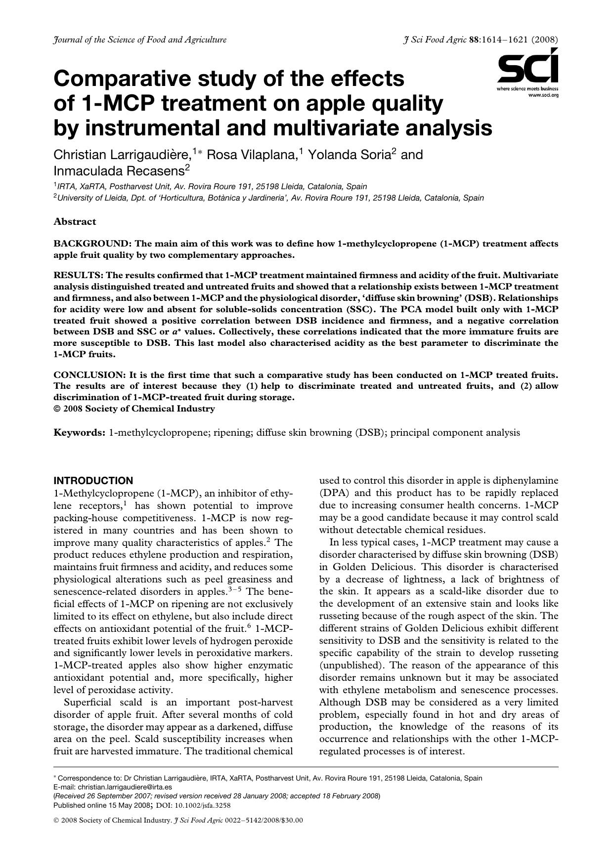 Comparative study of the effects of 1-MCP treatment on apple quality by instrumental and multivariate analysis by Unknown