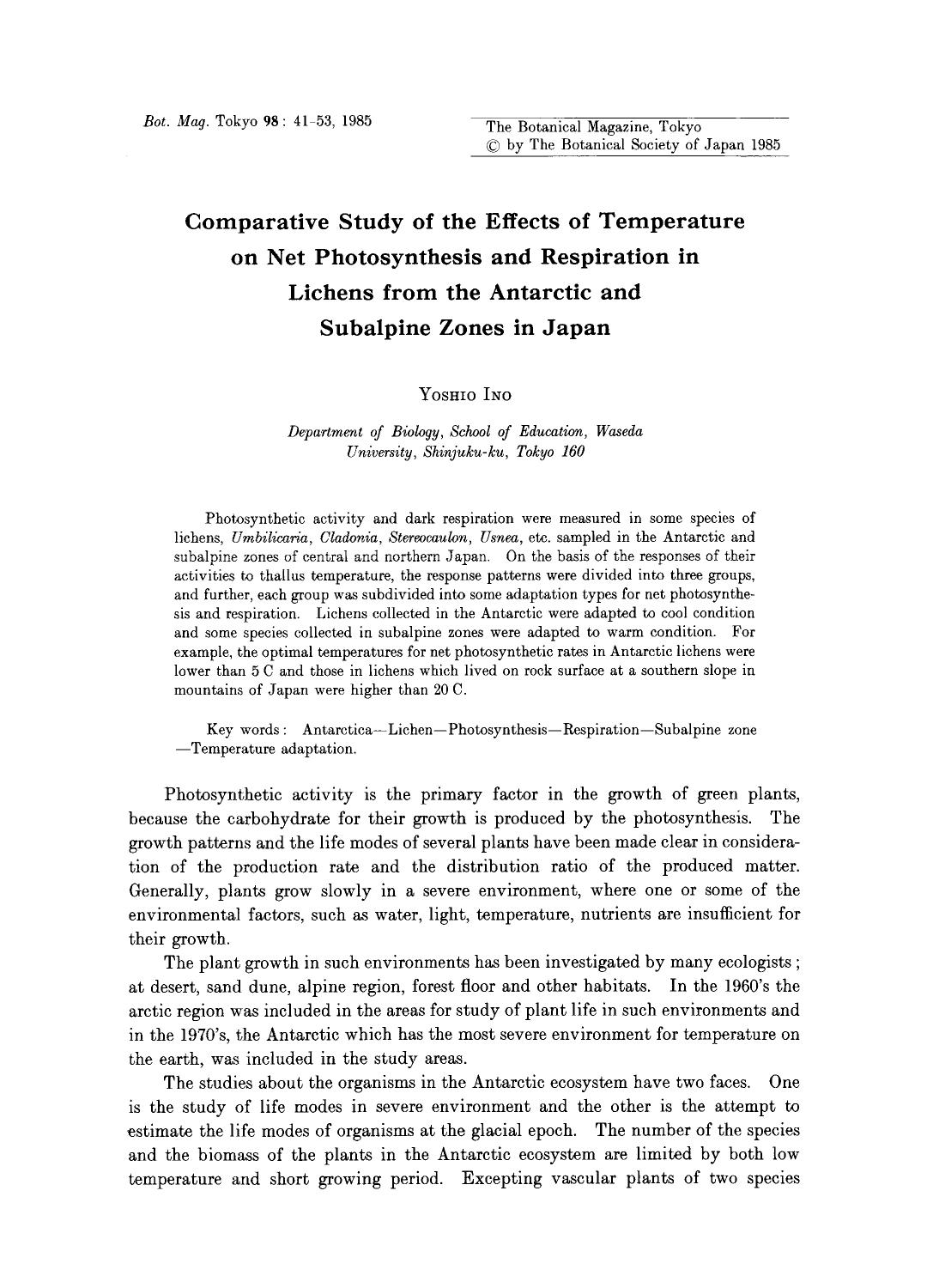 Comparative study of the effects of temperature on net photosynthesis and respiration in lichens from the antarctic and subalpine zones in Japan by Unknown