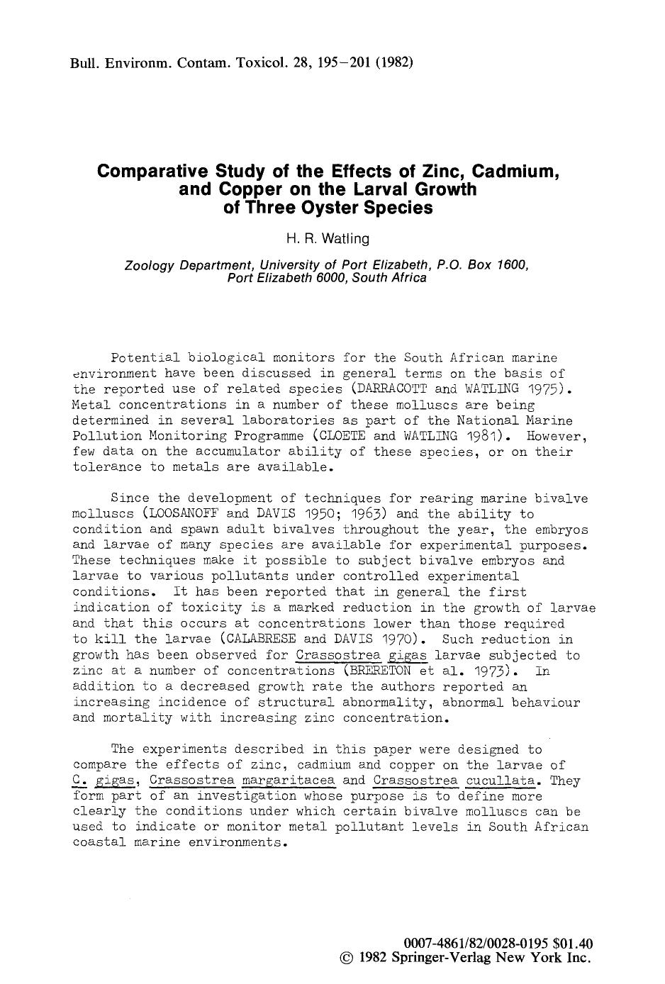 Comparative study of the effects of zinc, cadmium, and copper on the larval growth of three oyster species by Unknown