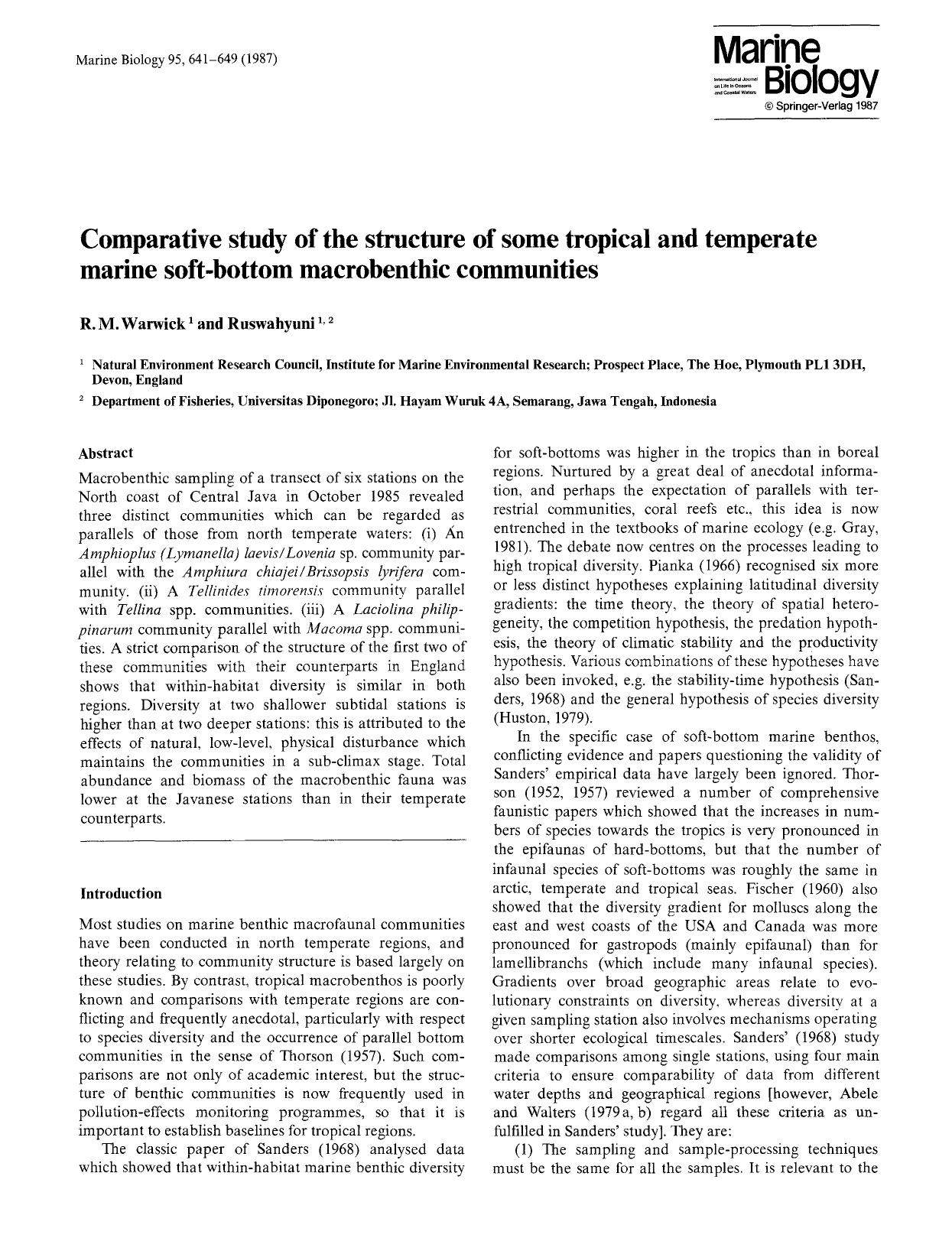 Comparative study of the structure of some tropical and temperate marine soft-bottom macrobenthic communities by Unknown
