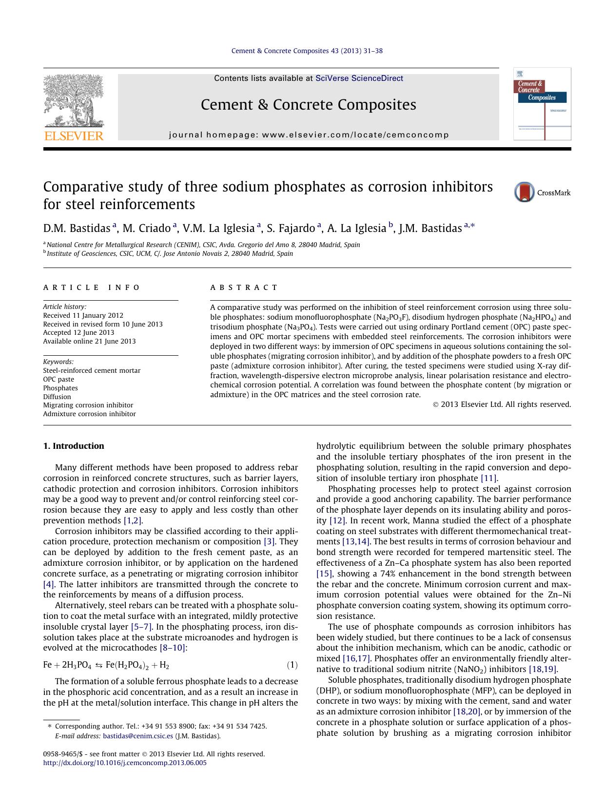 Comparative study of three sodium phosphates as corrosion inhibitors for steel reinforcements by D.M. Bastidas & M. Criado & V.M. La Iglesia & S. Fajardo & A. La Iglesia & J.M. Bastidas