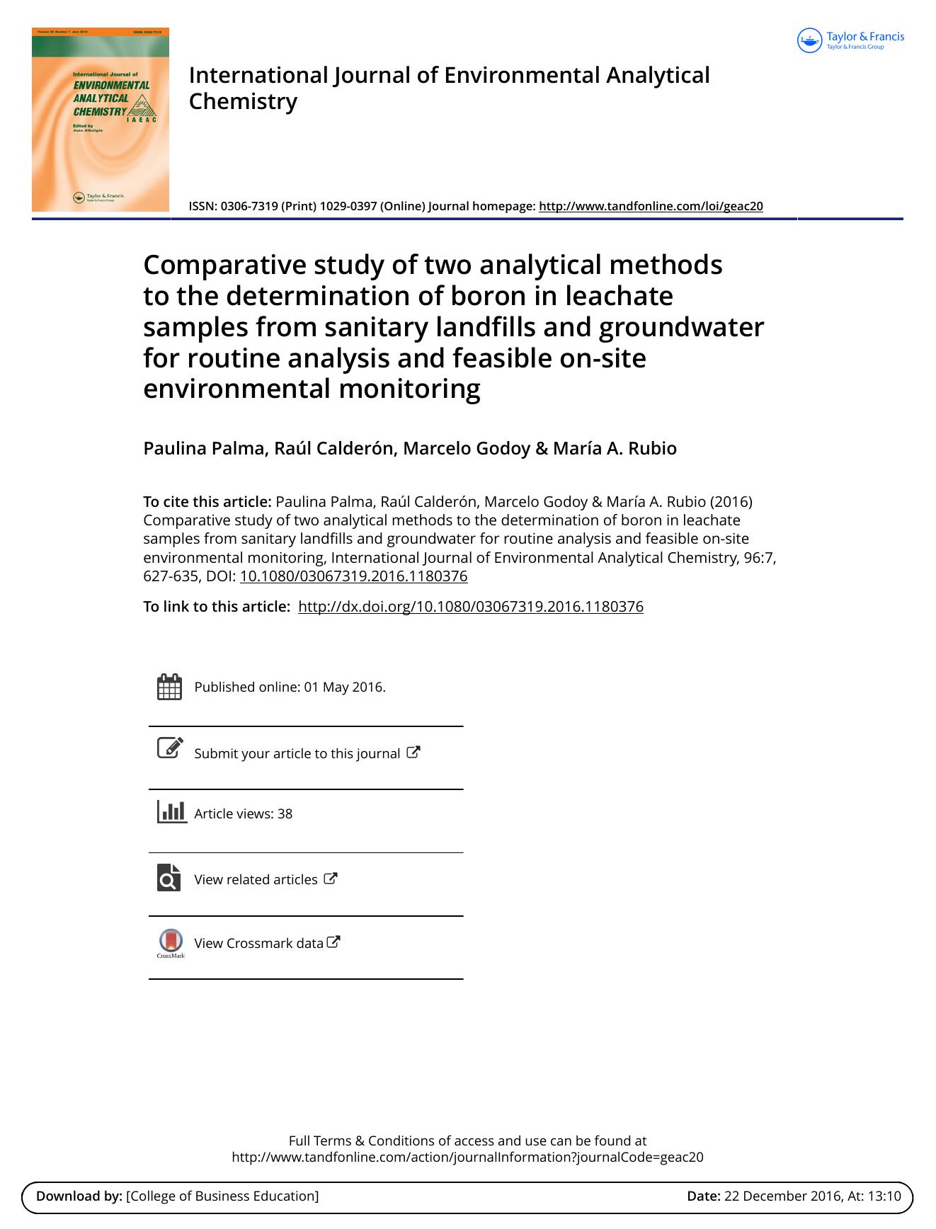 Comparative study of two analytical methods to the determination of boron in leachate samples from sanitary landfills and groundwater for routine analysis and feasible on-site environmental monitoring by Paulina Palma & Raúl Calderón & Marcelo Godoy & María A. Rubio