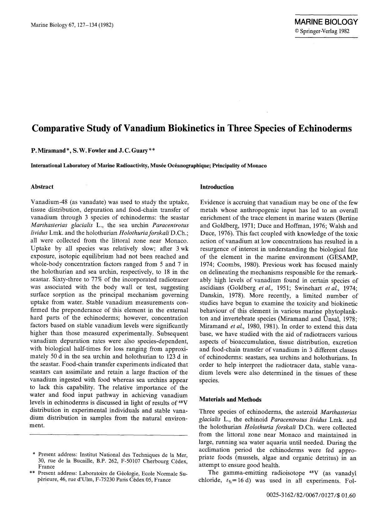 Comparative study of vanadium biokinetics in three species of echinoderms by Unknown