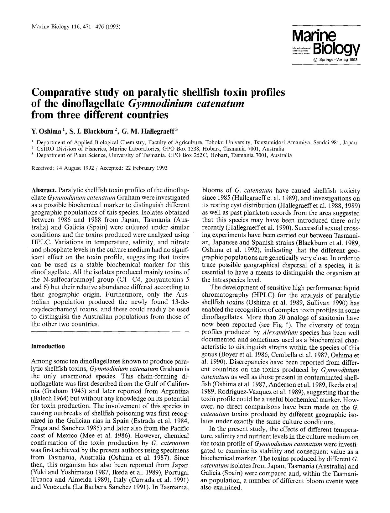 Comparative study on paralytic shellfish toxin profiles of the dinoflagellate <Emphasis Type="Italic">Gymnodinium catenatum<Emphasis> from three different countries by Unknown