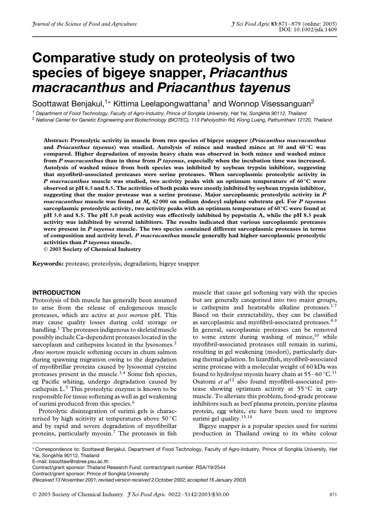Comparative study on proteolysis of two species of bigeye snapper, Priacanthus macracanthus and Priacanthus tayenus by Unknown