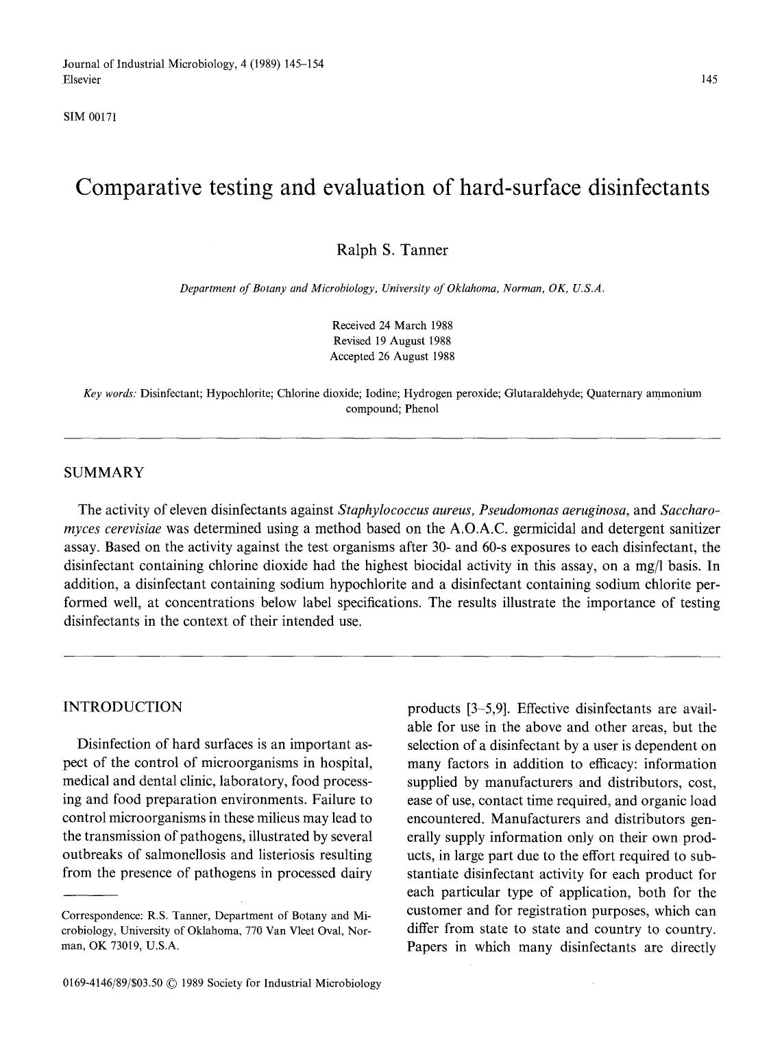 Comparative testing and evaluation of hard-surface disinfectants by Unknown