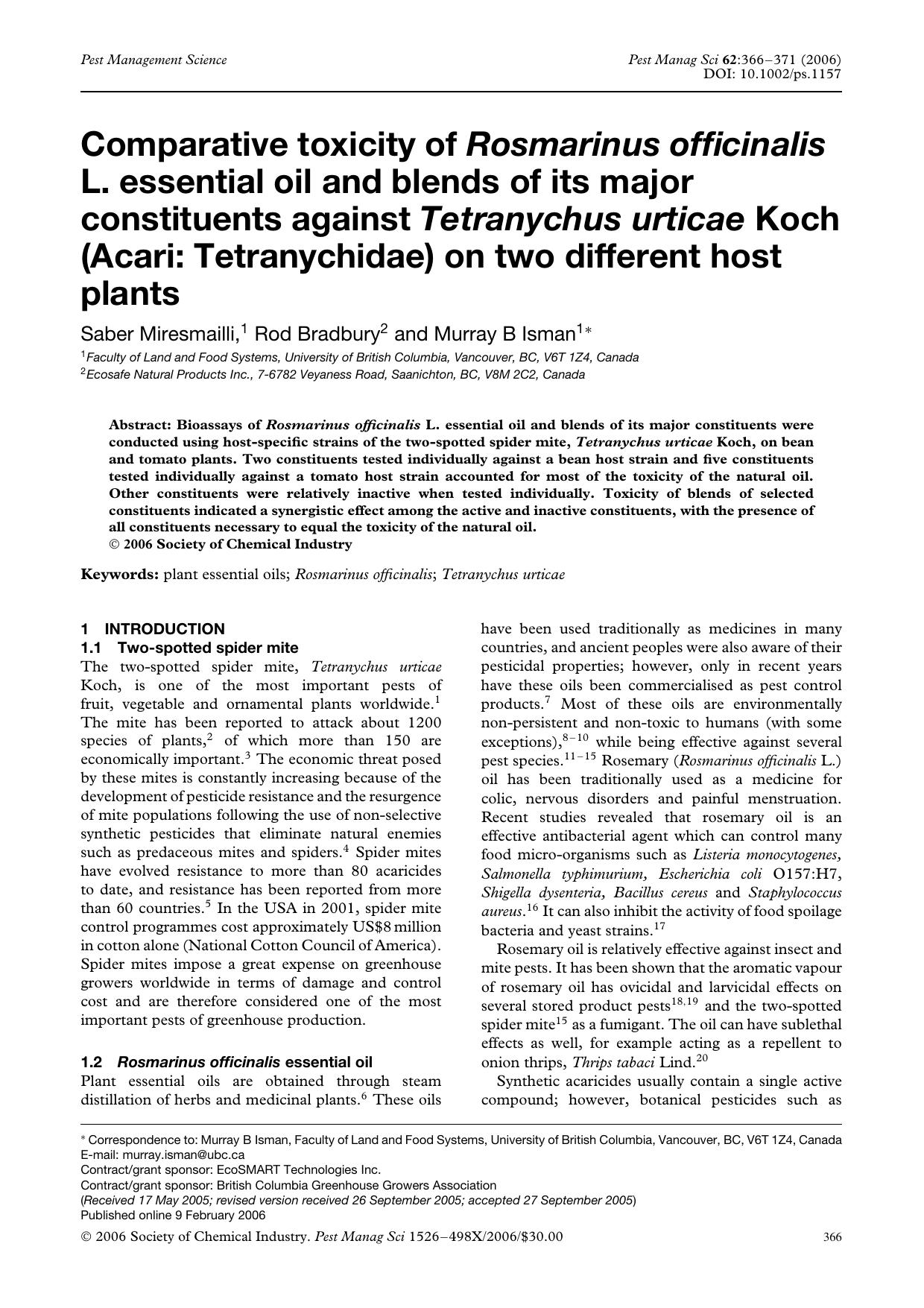 Comparative toxicity of Rosmarinus officinalis L. essential oil and blends of its major constituents against Tetranychus urticae Koch (Acari: Tetranychidae) on two different host plants by Unknown