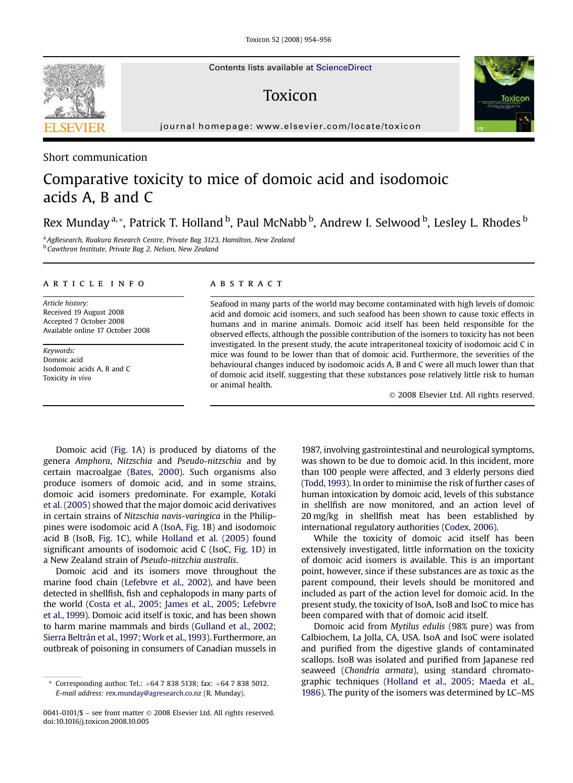 Comparative toxicity to mice of domoic acid and isodomoic acids A, B and C by Rex Munday; Patrick T. Holland; Paul McNabb; Andrew I. Selwood; Lesley L. Rhodes