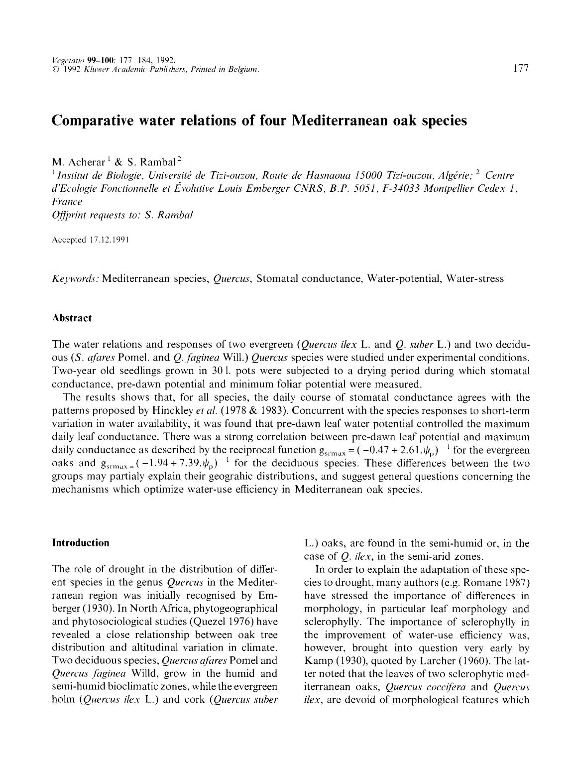 Comparative water relations of four Mediterranean oak species by Unknown