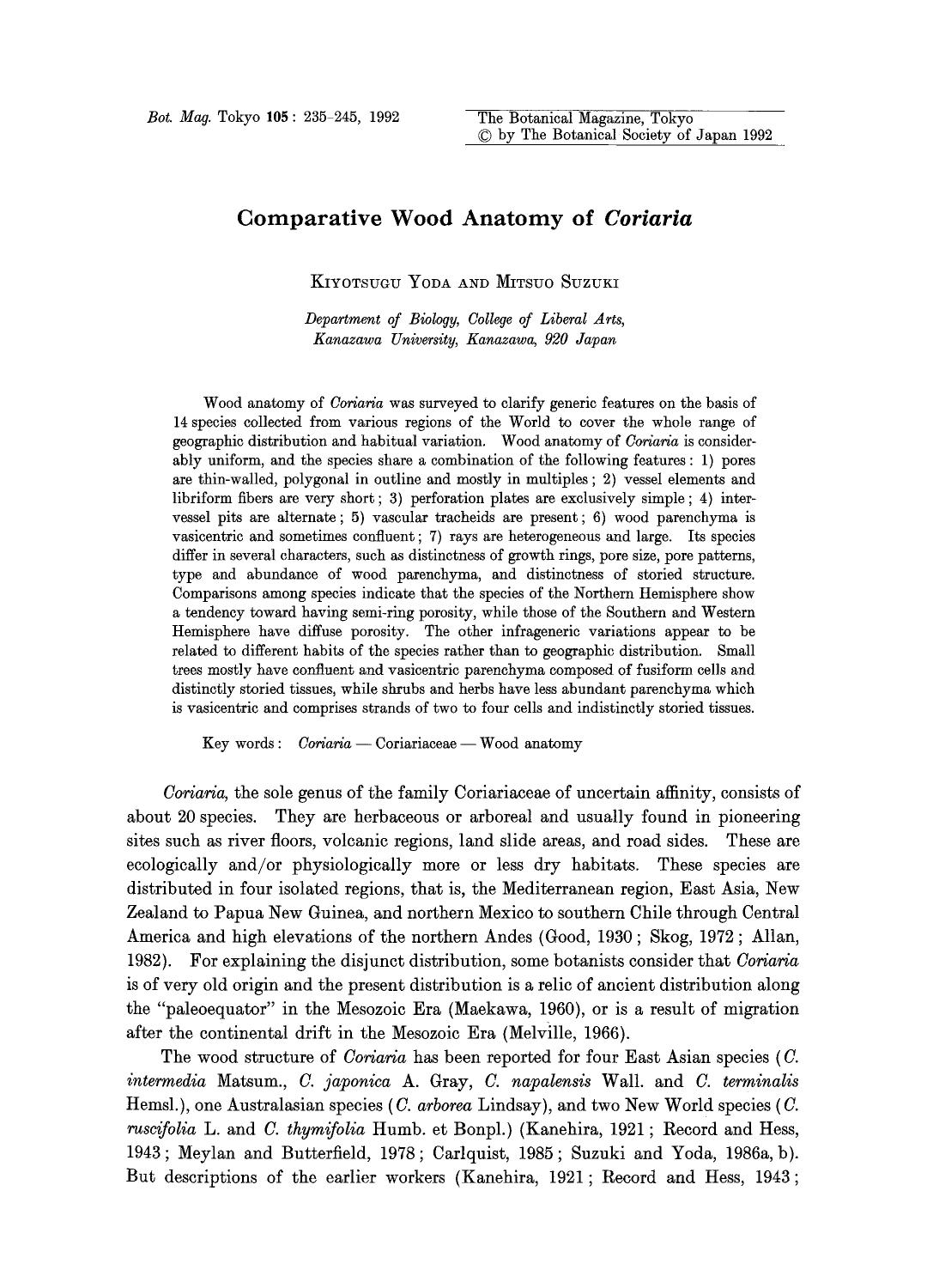 Comparative wood anatomy of <Emphasis Type="Italic">Coriaria <Emphasis> by Unknown