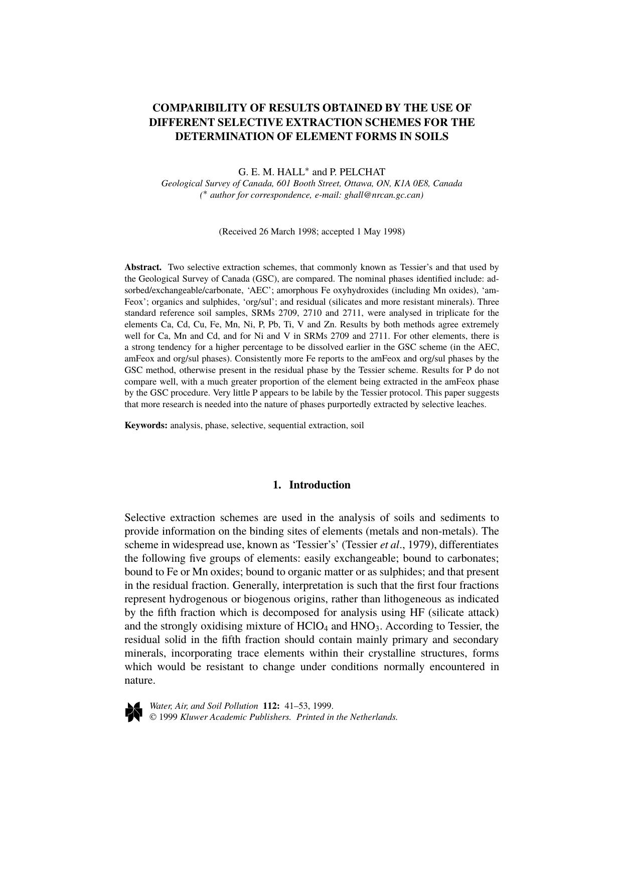 Comparibility of Results Obtained by the Use of Different Selective Extraction Schemer for the Determination of Element Forms in Soils by Unknown