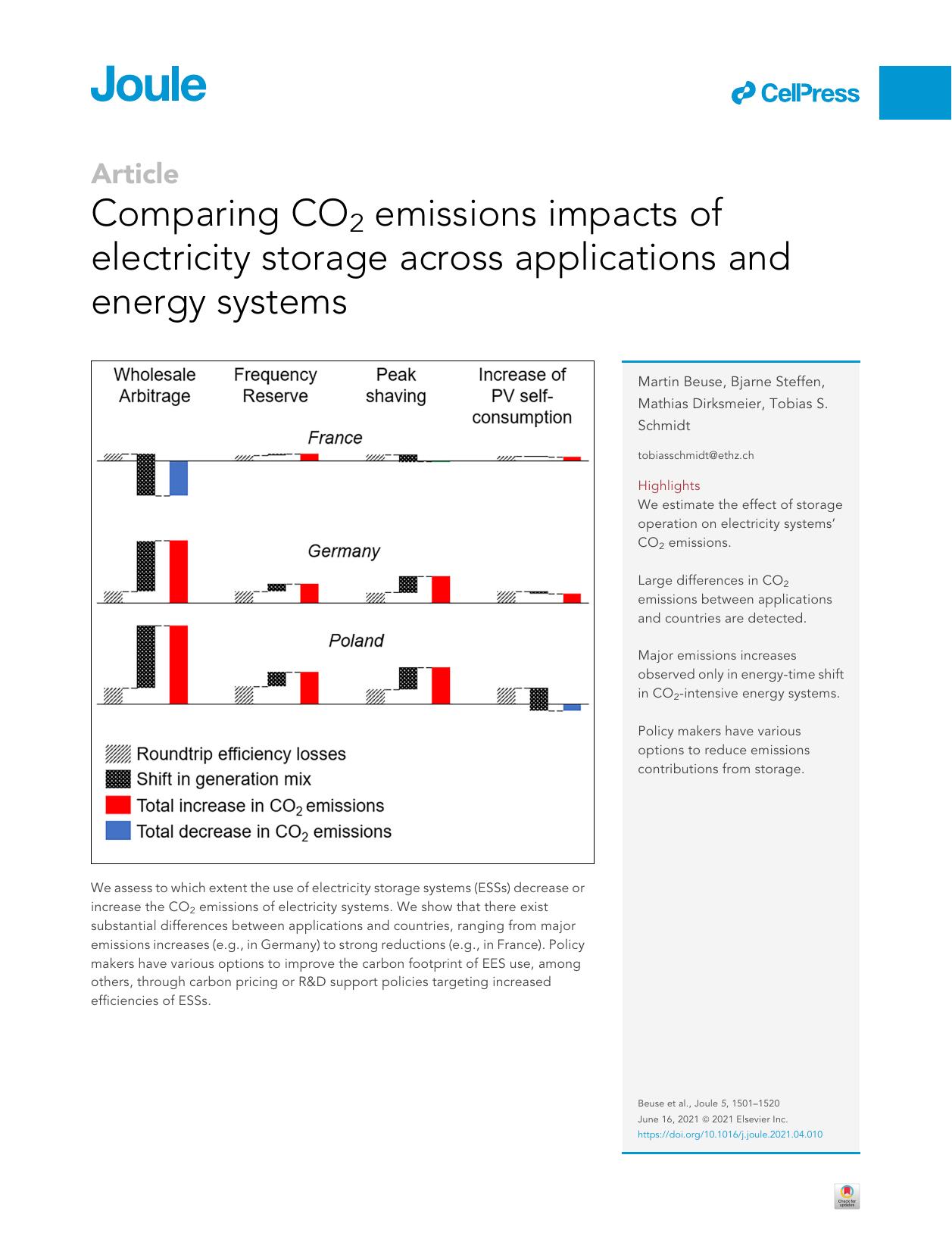 Comparing CO2 emissions impacts of electricity storage across applications and energy systems by Martin Beuse & Bjarne Steffen & Mathias Dirksmeier & Tobias S. Schmidt