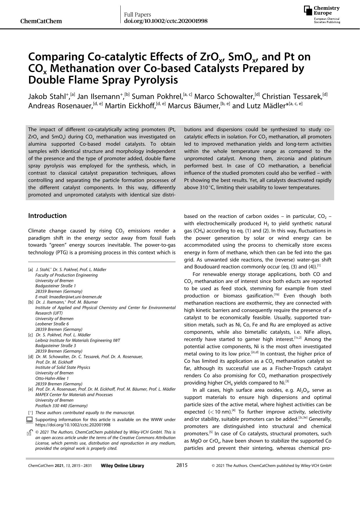 Comparing Coâcatalytic Effects of ZrOx, SmOx, and Pt on COx Methanation over Coâbased Catalysts Prepared by Double Flame Spray Pyrolysis by Unknown