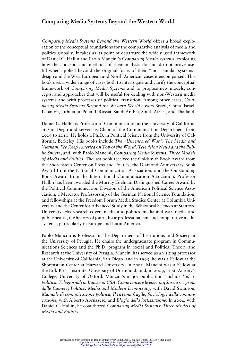 Comparing Media Systems Beyond the Western World by DANIEL C. HALLIN & PAOLO MANCINI