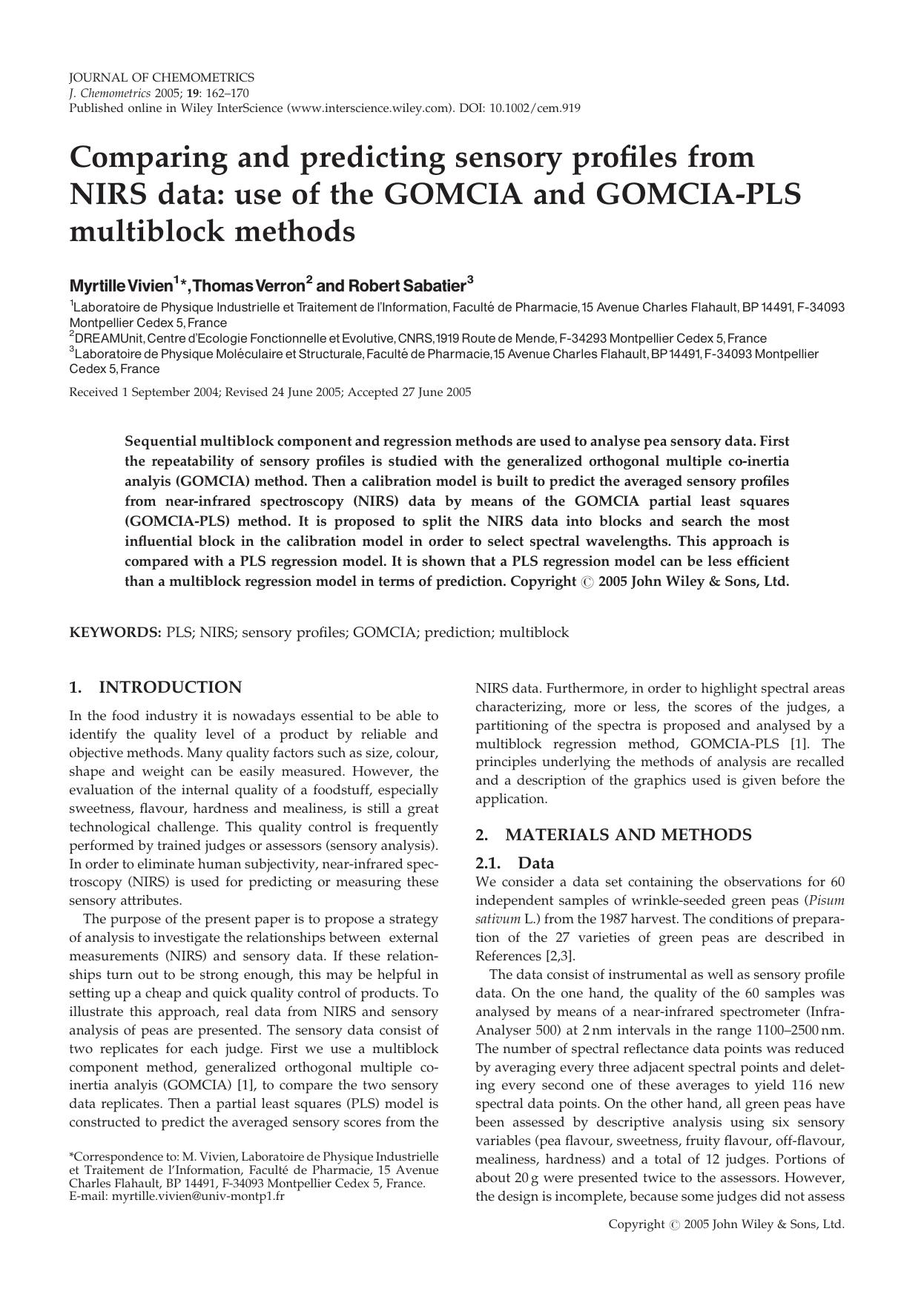Comparing and predicting sensory profiles from NIRS data: use of the GOMCIA and GOMCIA-PLS multiblock methods by Unknown