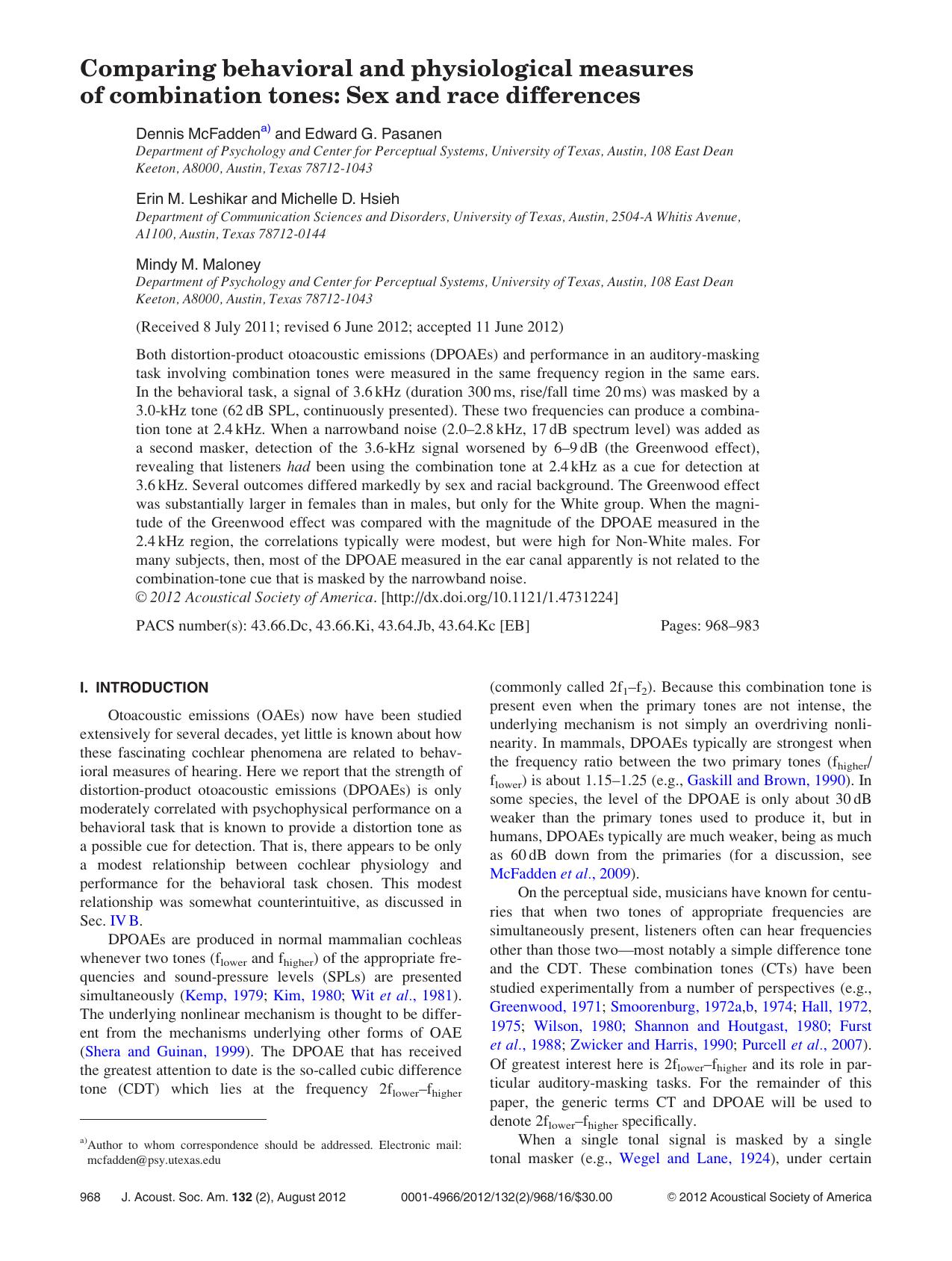 Comparing behavioral and physiological measures of combination tones: Sex and race differences by Dennis McFaddena) Edward G. Pasanen Erin M. Leshikar Michelle D. Hsieh and Mindy M. Maloney