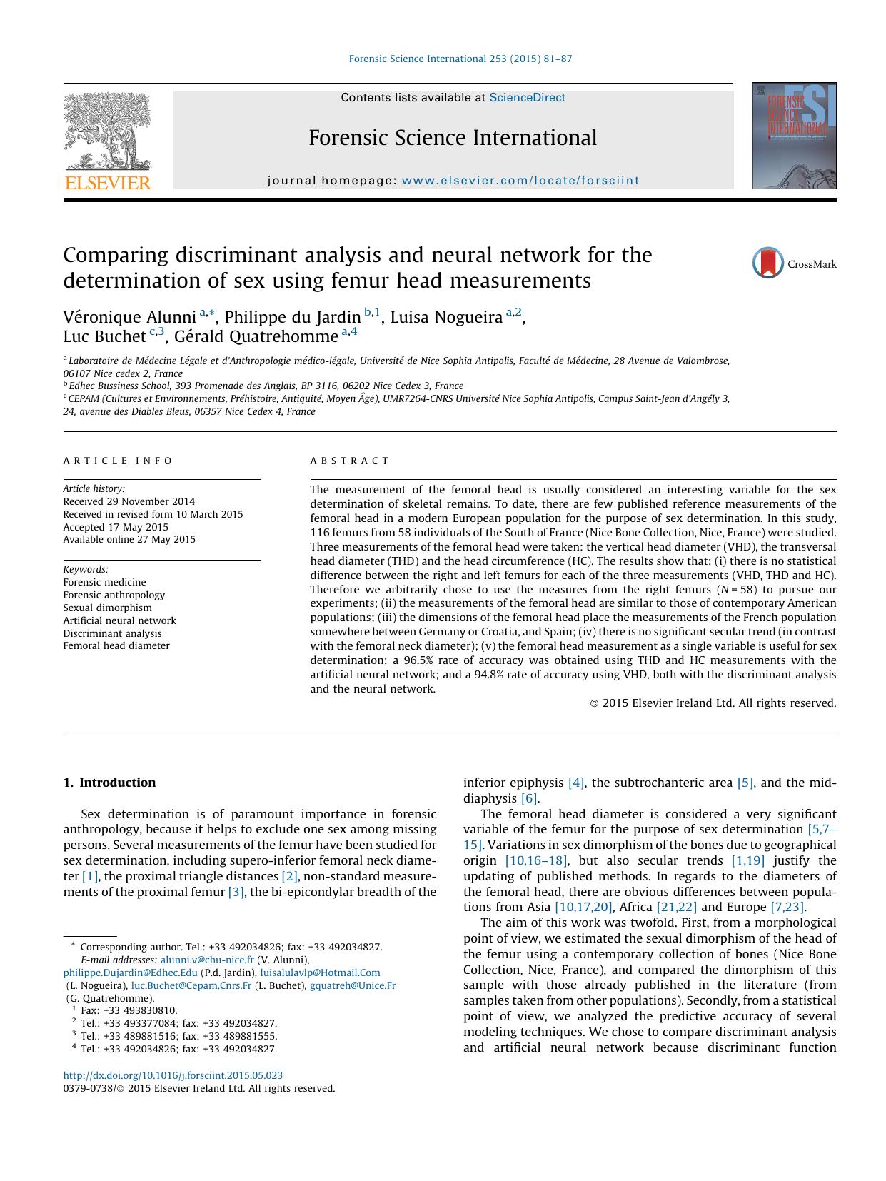 Comparing discriminant analysis and neural network for the determination of sex using femur head measurements by Véronique Alunni & Philippe du Jardin & Luisa Nogueira & Luc Buchet & Gérald Quatrehomme