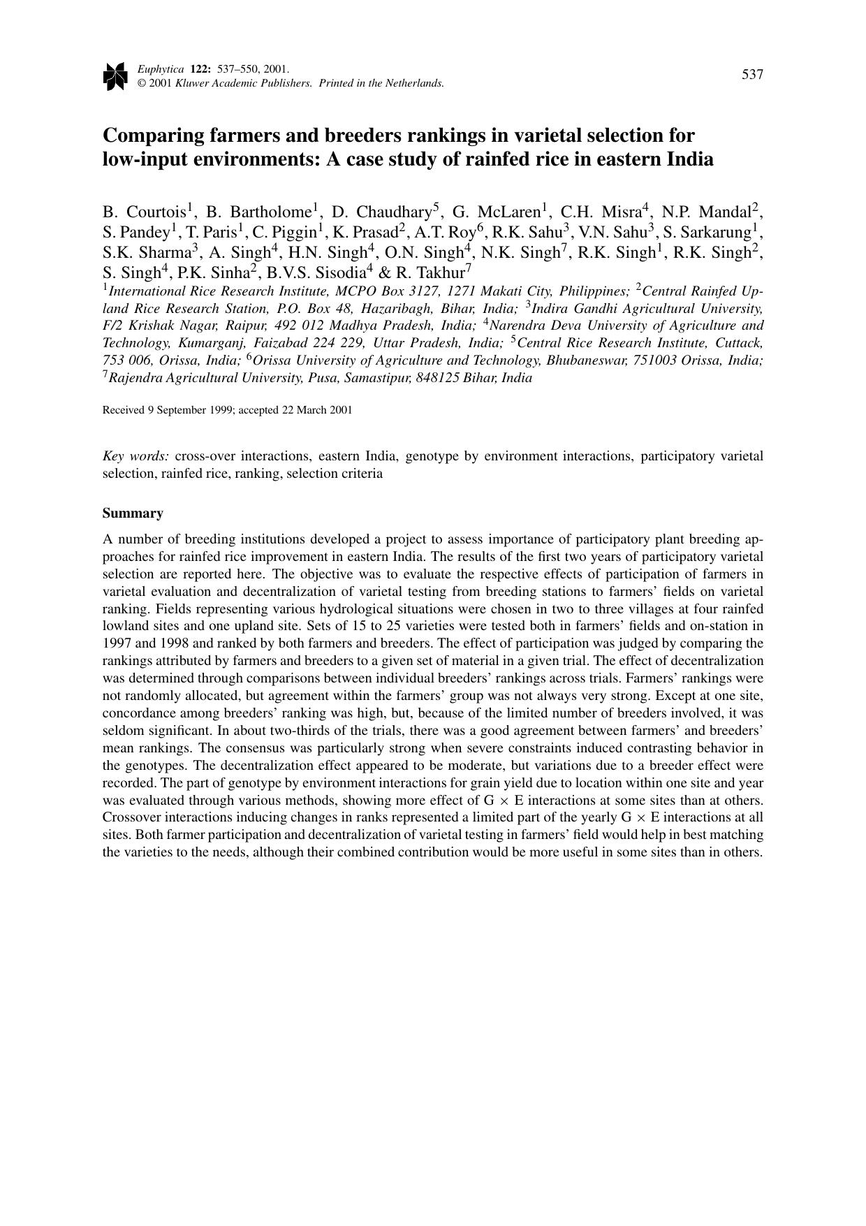 Comparing farmers and breeders rankings in varietal selection for low-input environments: A case study of rainfed rice in eastern India by Unknown
