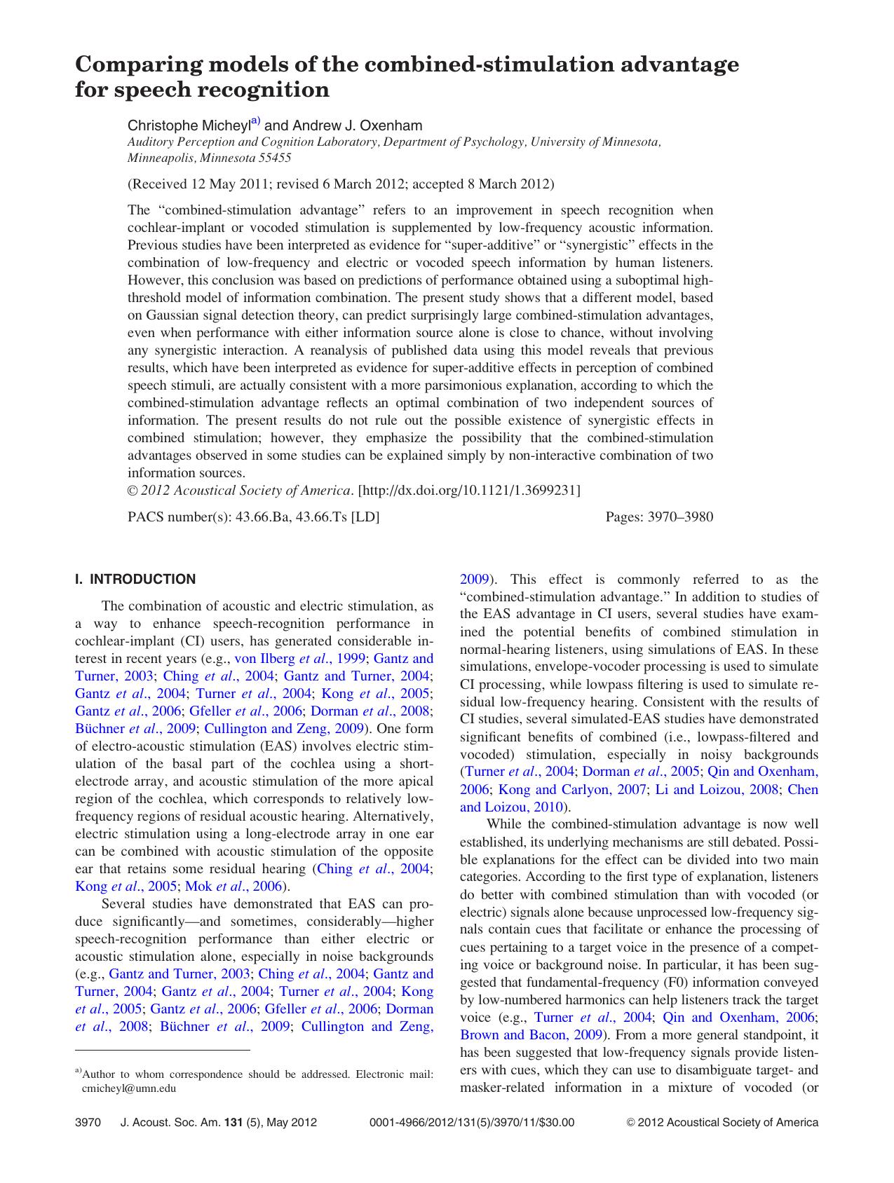 Comparing models of the combined-stimulation advantage for speech recognition by Christophe Micheyla) and Andrew J. Oxenham