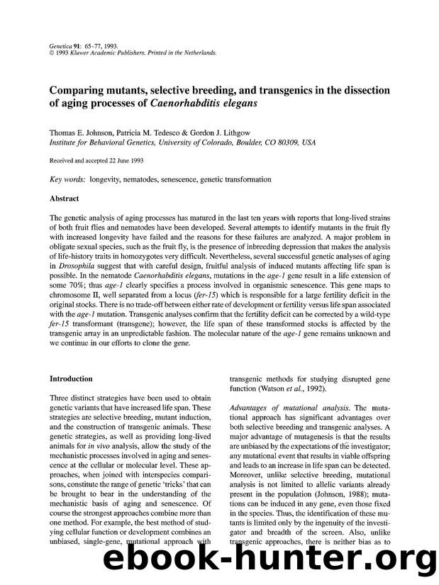 Comparing mutants, selective breeding, and transgenics in the dissection of aging processes of <Emphasis Type="Italic">Caenorhabditis elegans <Emphasis> by Unknown