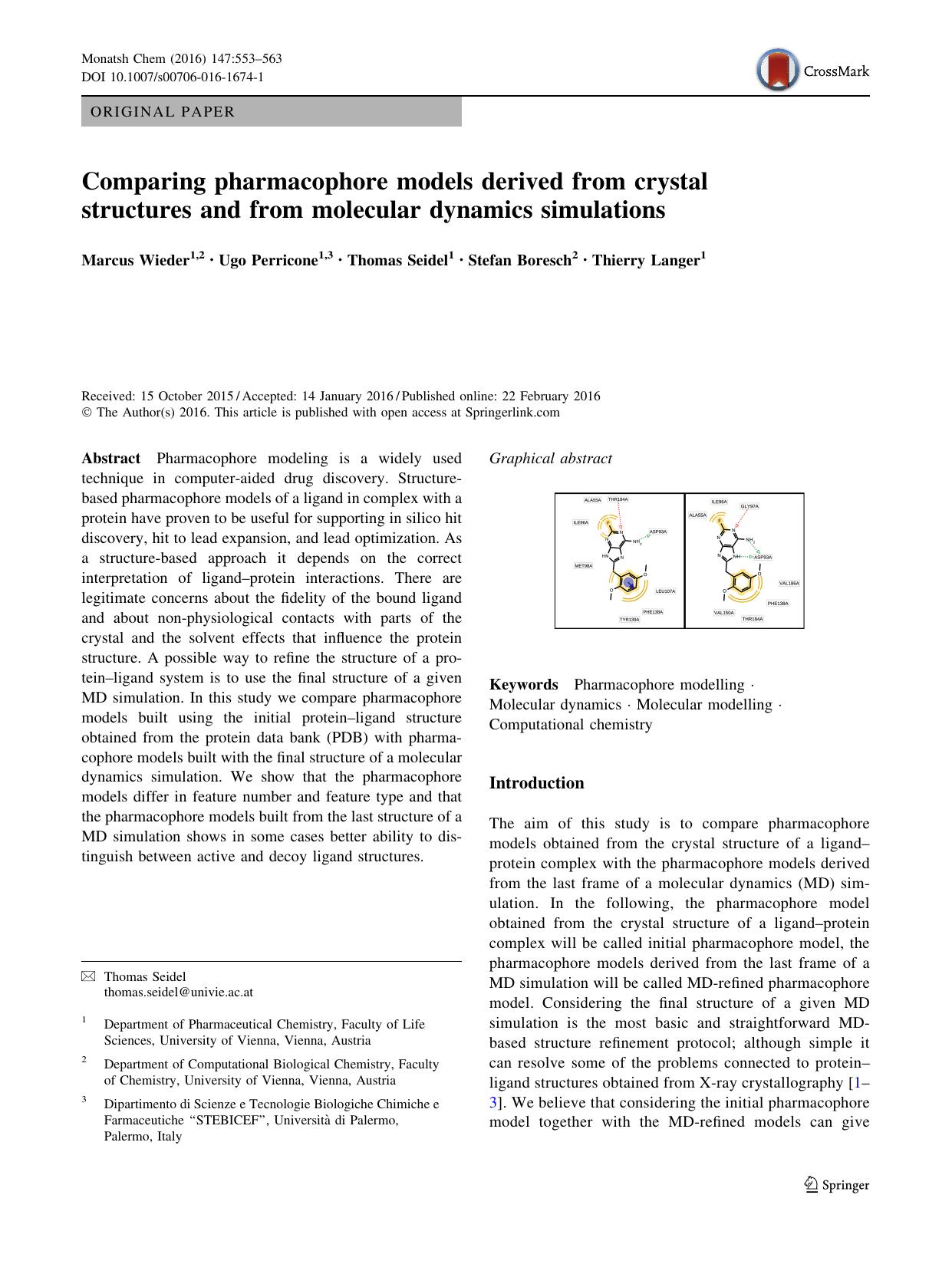 Comparing pharmacophore models derived from crystal structures and from molecular dynamics simulations by Marcus Wieder & Ugo Perricone & Thomas Seidel & Stefan Boresch & Thierry Langer