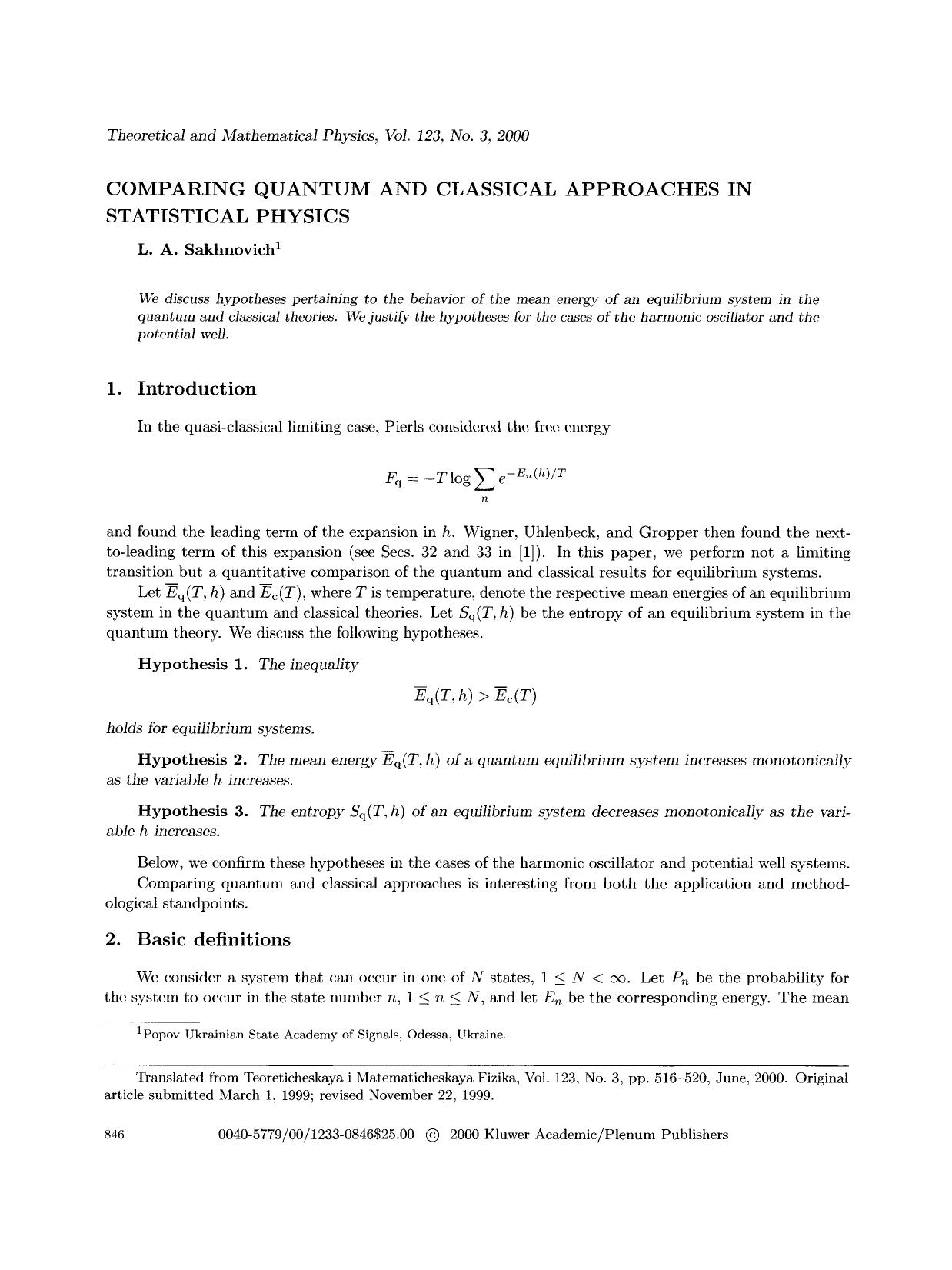 Comparing quantum and classical approaches in statistical physics by Unknown