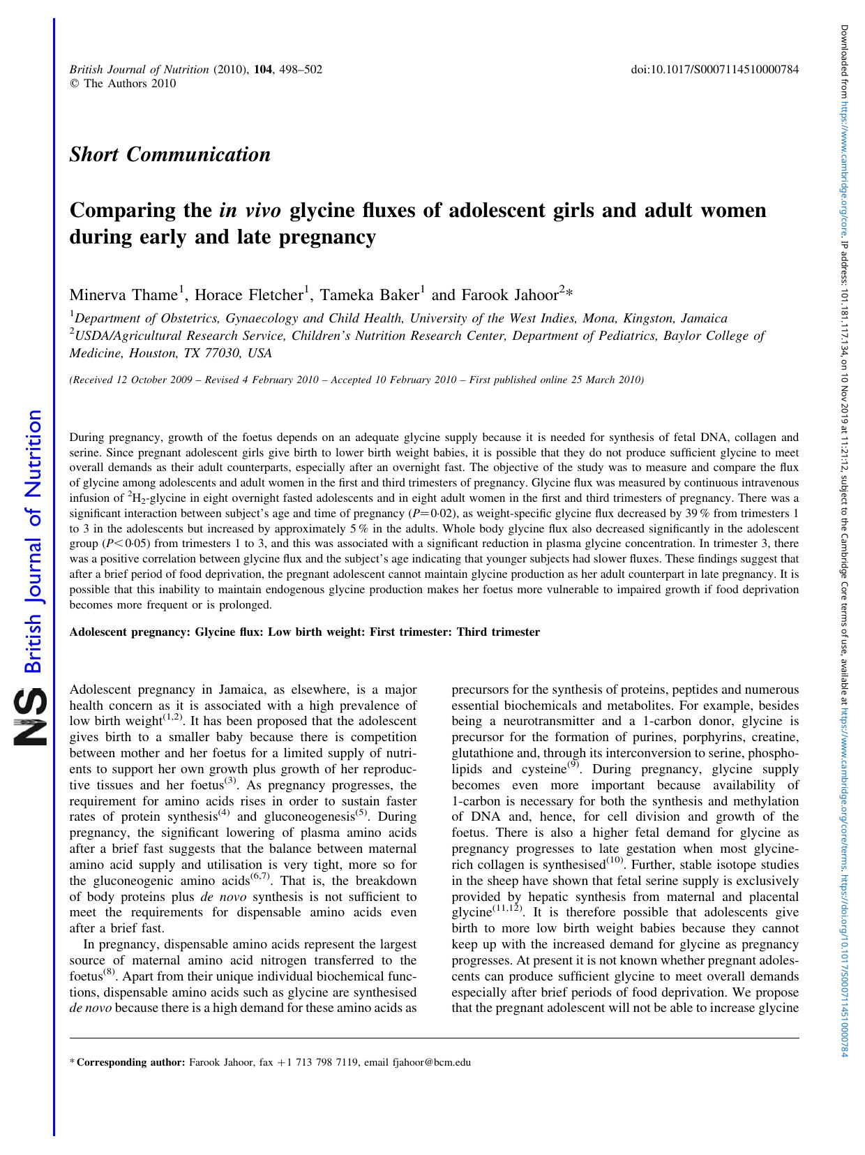 Comparing the in vivo glycine fluxes of adolescent girls and adult women during early and late pregnancy by Minerva Thame Horace Fletcher Tameka Baker Farook Jahoor